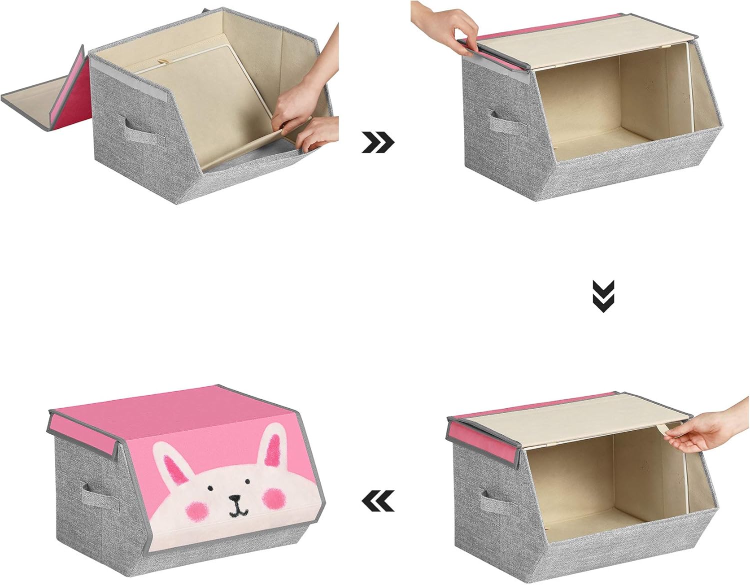 SONGMICS Aufbewahrungsboxen, 3er-Set, faltbare Stoffboxen mit Griffen, Organizer, magnetischer Deckel, für Kinderzimmer, Spielzimmer, Tiermotive, rosa, blau, grün und grau, RFB760P01 – Bild 8