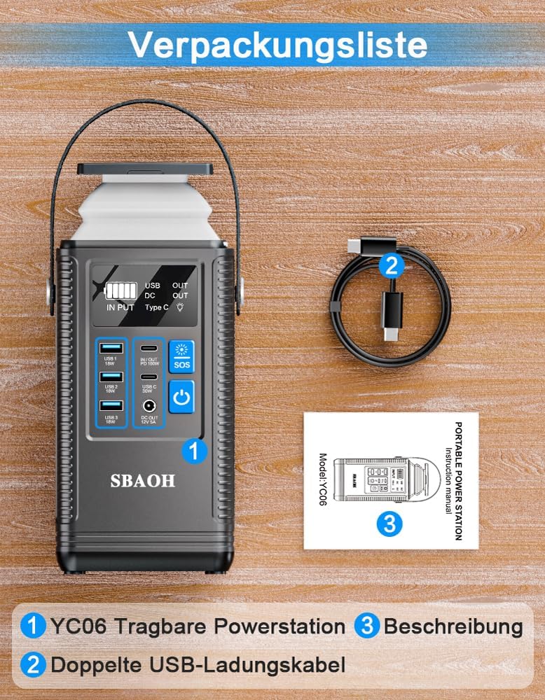 Powerbank Powerstation PD100W, SBAOH 296Wh Akku für mehrere Geräte, Solargenerator für Camping, Outdoor, Reisen, Notfälle (Netzteil nicht im Lieferumfang enthalten) – Bild 9
