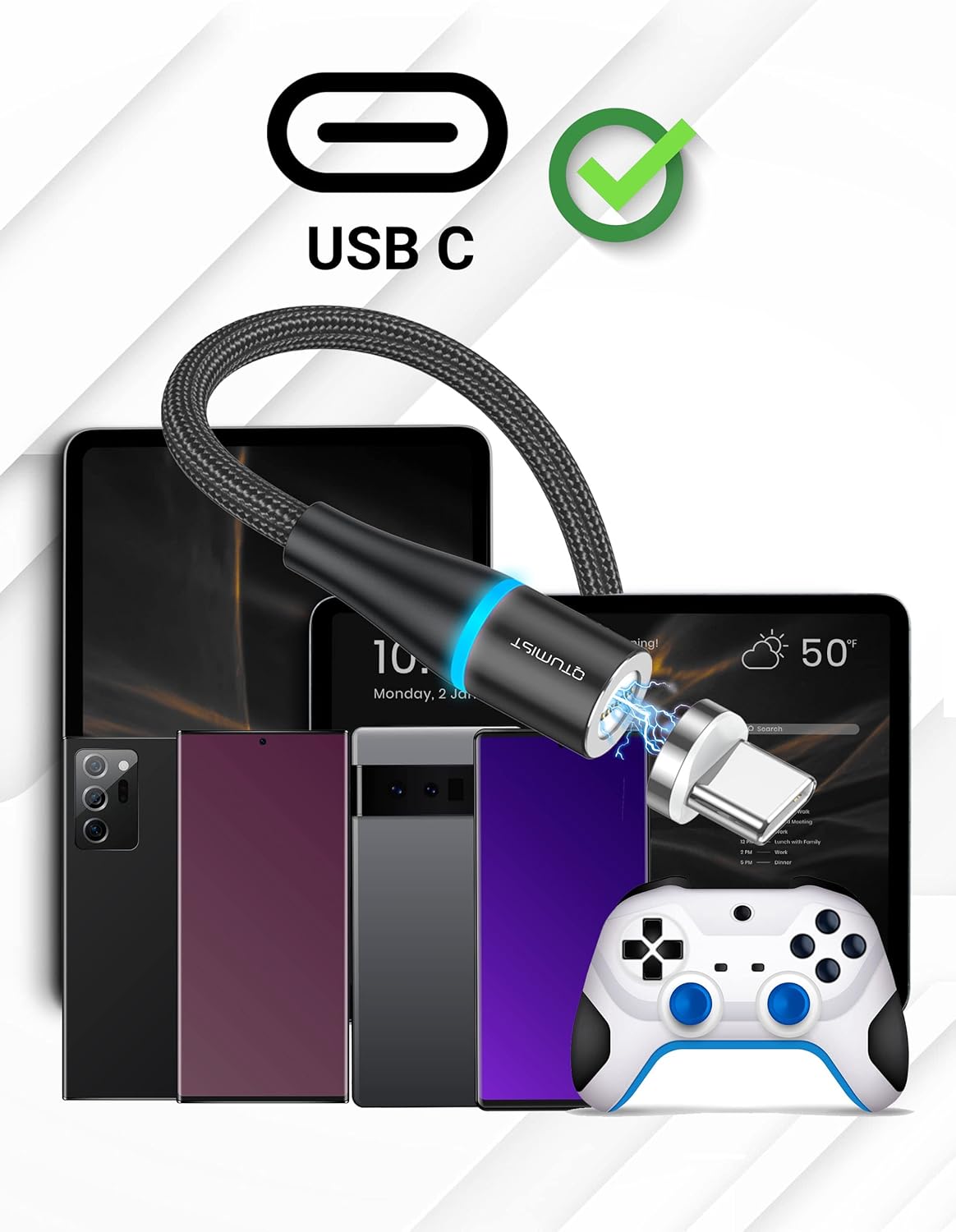 Magnetisches USB-C-Ladekabel (2 Stück, 2 m), Nylon-USB-Typ-C-Kabel, Schnelllade-Schnellladekabel, magnetisches Datenkabel mit magnetischem Adapter, Stecker für Samsung S20 S10 Note10, Huawei, Honor, Xiaomi – Bild 6
