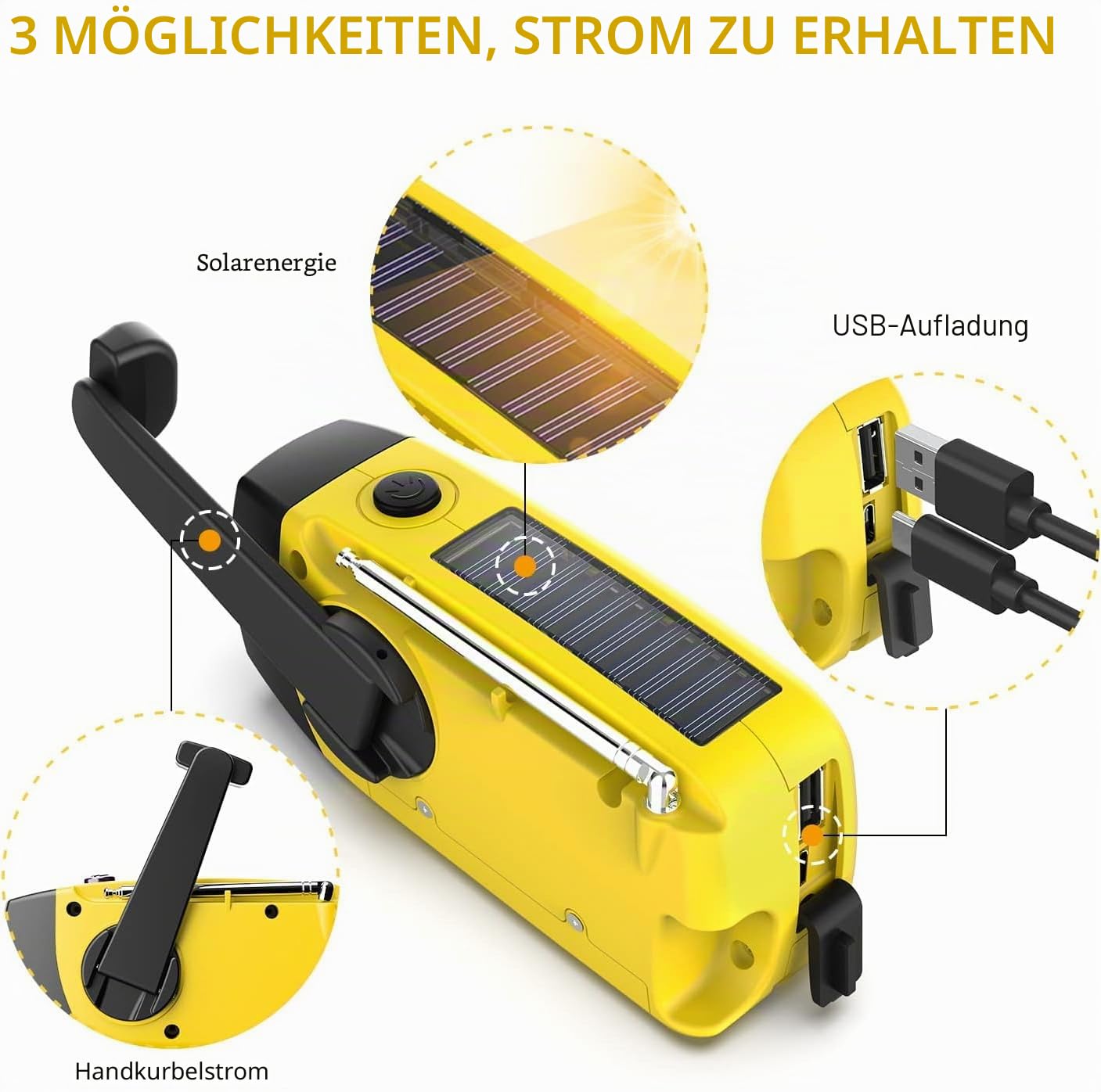 Solarradio, tragbares Kurbelradio, Dynamoradio mit AM/FM, Notfallradio mit Kurbel, 2000 mAh wiederaufladbare Powerbank, LED-Taschenlampe, USB-Handy-Ladegerät für Camping, Outdoor, Gelb – Bild 4