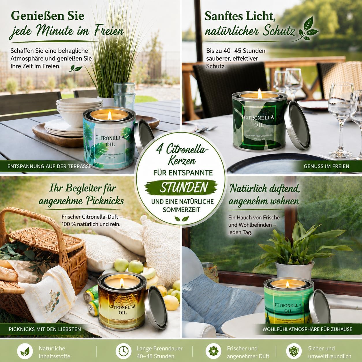 Creashine Citronella Kerzen Outdoor 4er Set, 800g Sojawachskerzen mit Zitronengrasduft, lange Brenndauer für Garten, Balkon, Terrasse, Camping und Outdoor-Aktivitäten – Bild 5