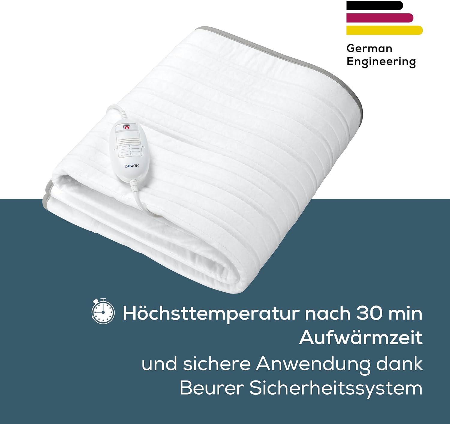 Beurer TS 17 Thermo-Unterbett, weiches Fleece-Material, rutschfest durch Fixierung mit Gummiband, 3 Temperaturstufen, 150 x 80 cm, Sicherheitssystem, abnehmbarer Schalter, maschinenwaschbar bei 30 °C, grau – Bild 3