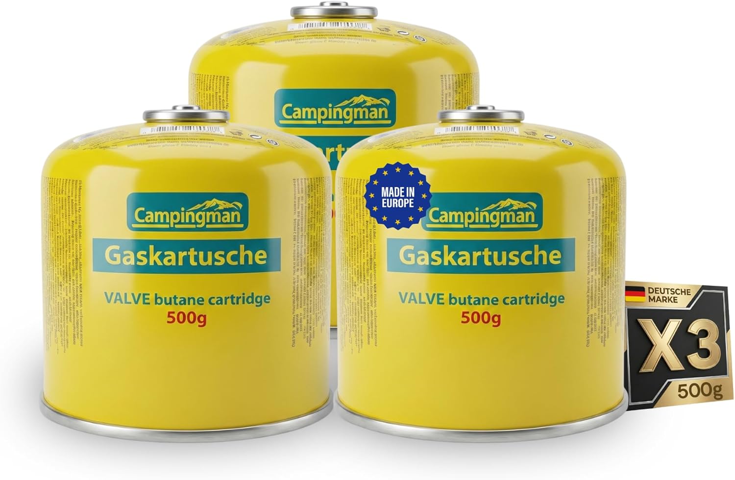 Campingman Gaskartusche 500 g mit Schraubventil EN 417 – Butangas für Campingkocher, Weber Grill & Camping – Universal-Schraubkartusche (3 x 500 g)