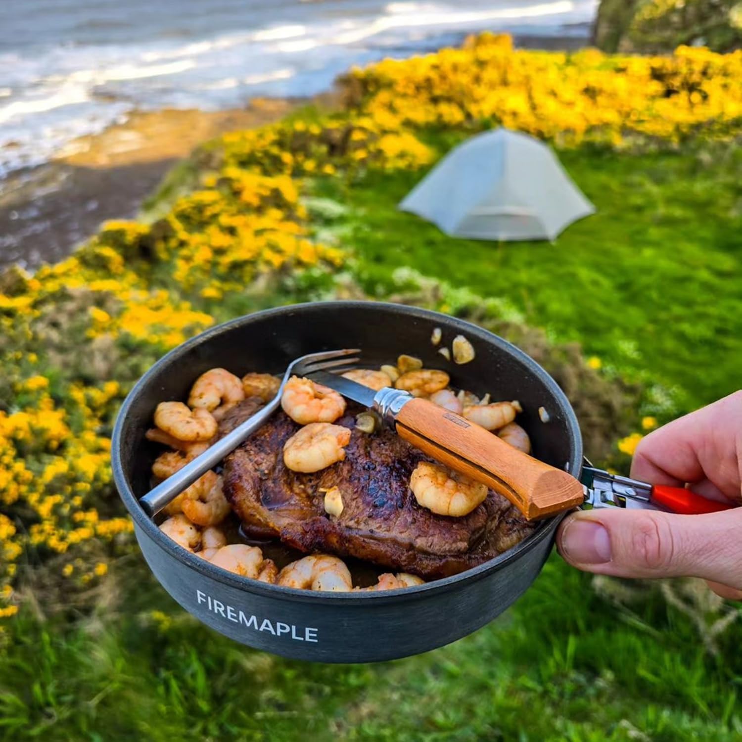 Fire-Maple FP Pfanne für Gaskocher, antihaftbeschichtete Bratpfanne, robustes, leichtes Camp-Kochgeschirr, Camping zum Braten von Eiern und Steaks mit klappbarem Griff, tragbare Rucksackpfanne, 0,9 Liter – Bild 2