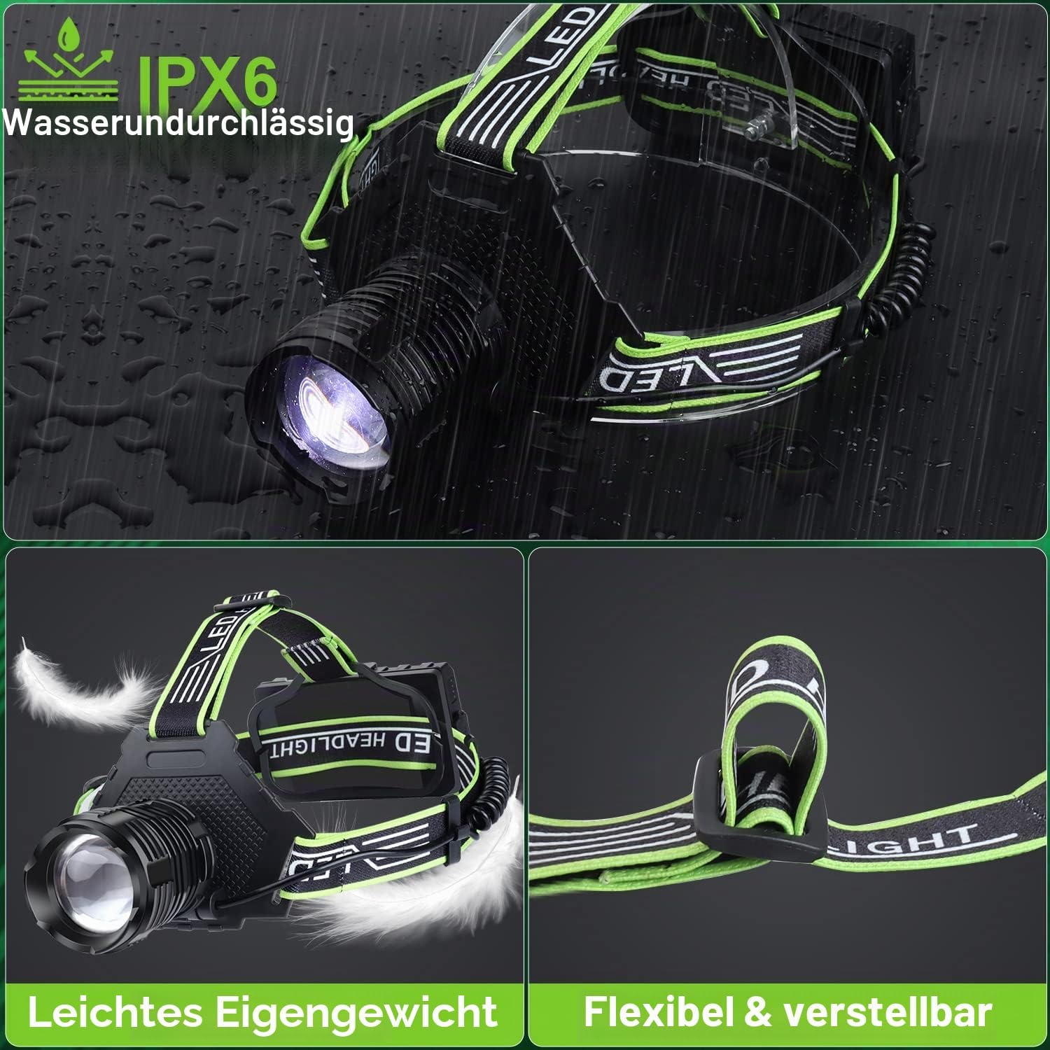 Wiederaufladbare LED-Stirnlampe, 100.000 hohe Lumen-Stirnlampe, superhell mit 5 Modi, IPX7 wasserdicht, 90° verstellbar, zoombare Stirnlampe für Outdoor-Camping, Laufen, Wandern – Bild 7