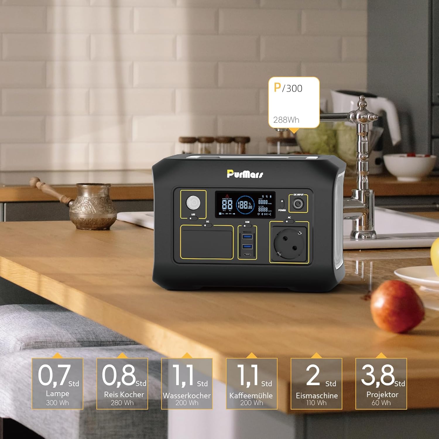 Powerbank Power Station 300 W (max. 500 W), 288 Wh (90.000 mAh), tragbare Powerbank mit 230 V reinem Sinus-Wechselstrom, LiFePO4-Akku-Kraftwerk, geeignet für Outdoor-Camping, Reisen und Notfälle – Bild 3