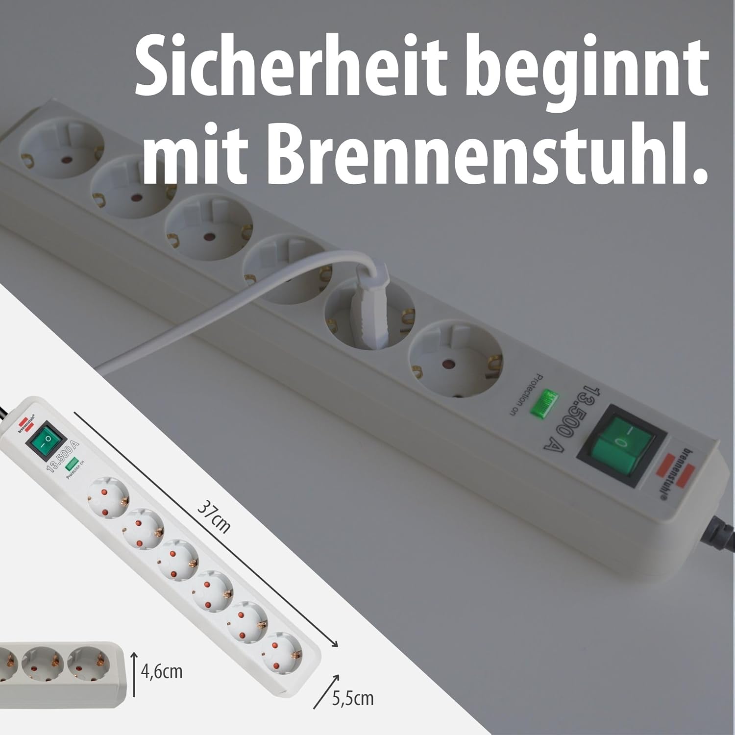 Brennenstuhl Eco-Line 6-fach Steckdosenleiste mit Überspannungsschutz (Steckdosenleiste mit erhöhtem Berührungsschutz, Ein-/Ausschalter und 1,5 m Kabel), PC-Grau – Bild 6