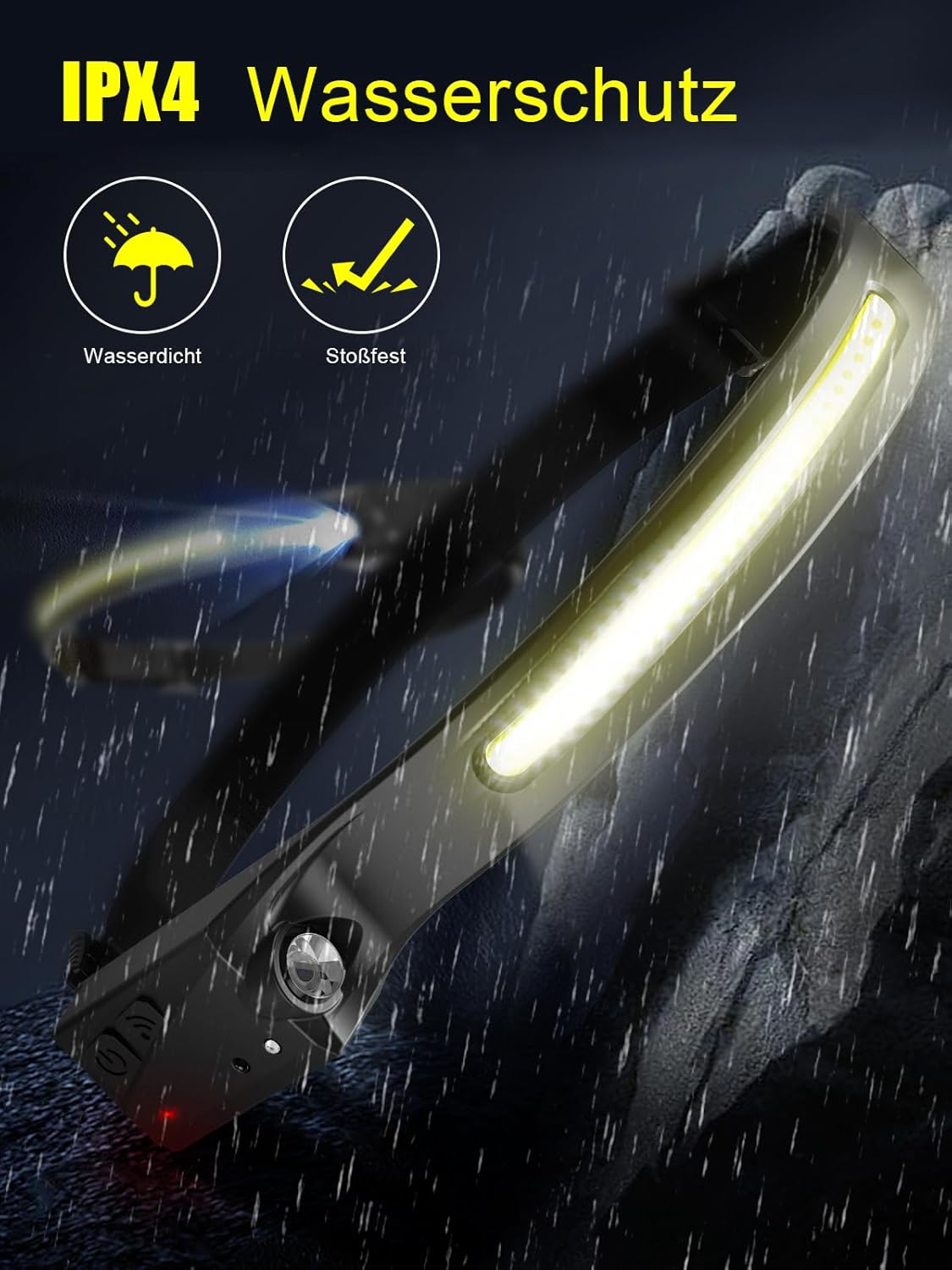 UNBON Stirnlampe LED wiederaufladbar, LED-Stirnlampe wiederaufladbar, USB C, extrem hell mit 5 Lichtmodi, 230-Grad-Bewegungssensor, IPX4 wasserdicht, leichte Stirnlampe für Wandern, Joggen, Laufen, Angeln – Bild 7