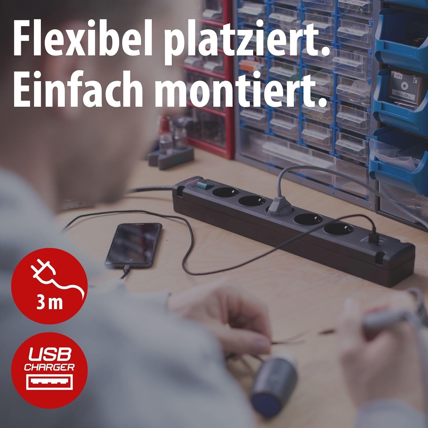 Brennenstuhl Bremounta Steckdosenleiste, 5-fach Steckdosenleiste mit USB-Ladefunktion (Mehrfachsteckdose mit 90-Grad-Steckdosen, Steckerleiste mit Montagemöglichkeit und 3 m Kabel), schwarz | Mehrfachsteckdose mit 90-Grad-Steckdosen, Steckdosenleiste mit Schalter, Montagemöglichkeit und 3 m Kabel, schwarz – Bild 2