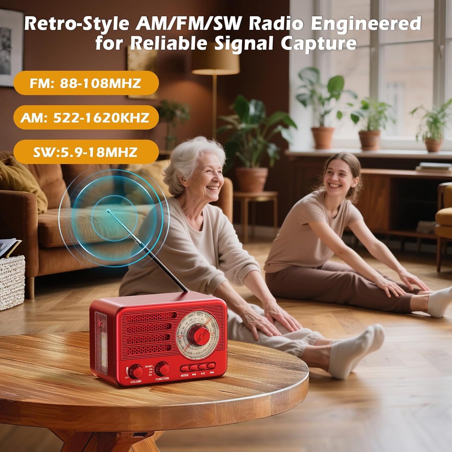 Retro-Transistorradio, batteriebetriebenes AM-FM-SW-Radio, kleiner wiederaufladbarer tragbarer MP3-Player mit Unterstützung für TF-Karte/Aux/USB (rot) – Bild 6