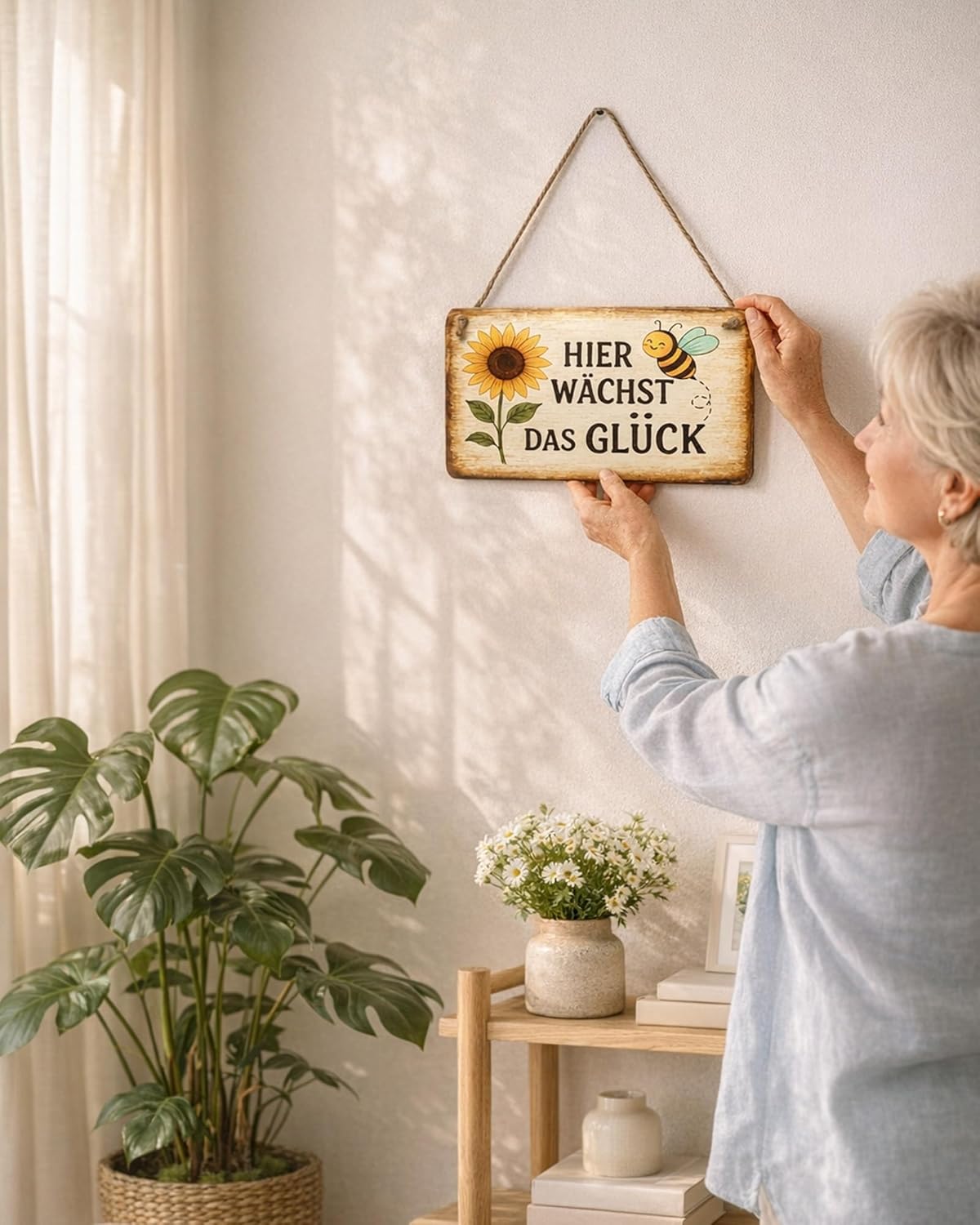Holzschild Gartenschild mit Spruch „Hier wächst das Glück“ – wetterfestes Dekoschild zum Aufhängen im Freien – moderne Gartendeko & Balkondeko Sommer, Geschenk für Gartenliebhaber – Bild 4