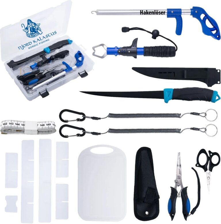 Komplettes Angelset für Anfänger und Profis, multifunktionale Angelbox mit Filetmesser, Maßband, Hakenentferner, Fischgreifer, Schere, Multizange und Schneidebrett, perfektes Angelset und Angelkoffer-Zubehör