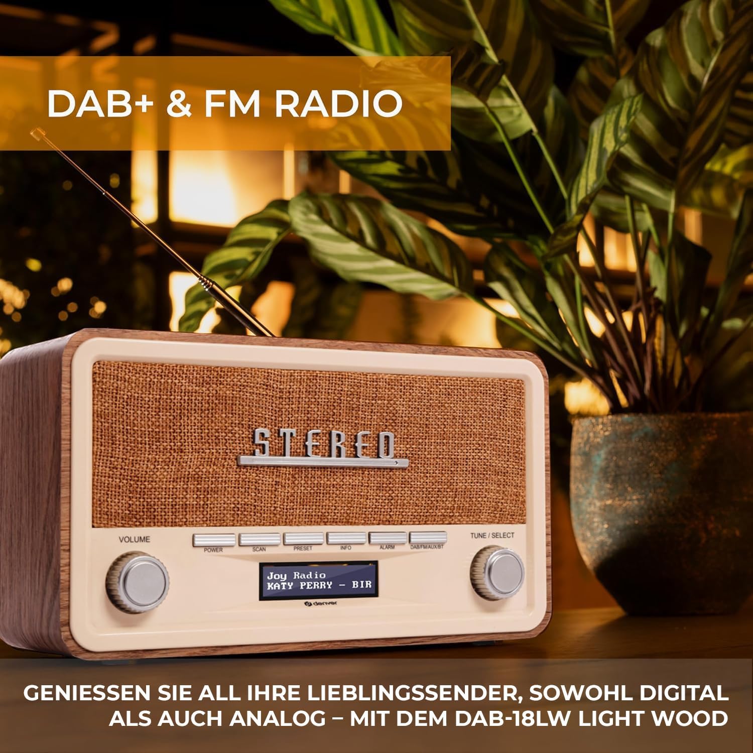 Denver Retro DAB-18 Digitalradio | DAB Plus-Radio mit Bluetooth und UKW | 2 x 20 W Stereolautsprecher | Kleines Radio mit Netzstecker | Küchenradio DAB mit gutem Klang | LCD-Anzeige und Alarmfunktion | DAB Plus & FM & Bluetooth, 2 x 20 W Stereolautsprecher, LCD-Display, Alarmfunktion, Netzstecker – Bild 3