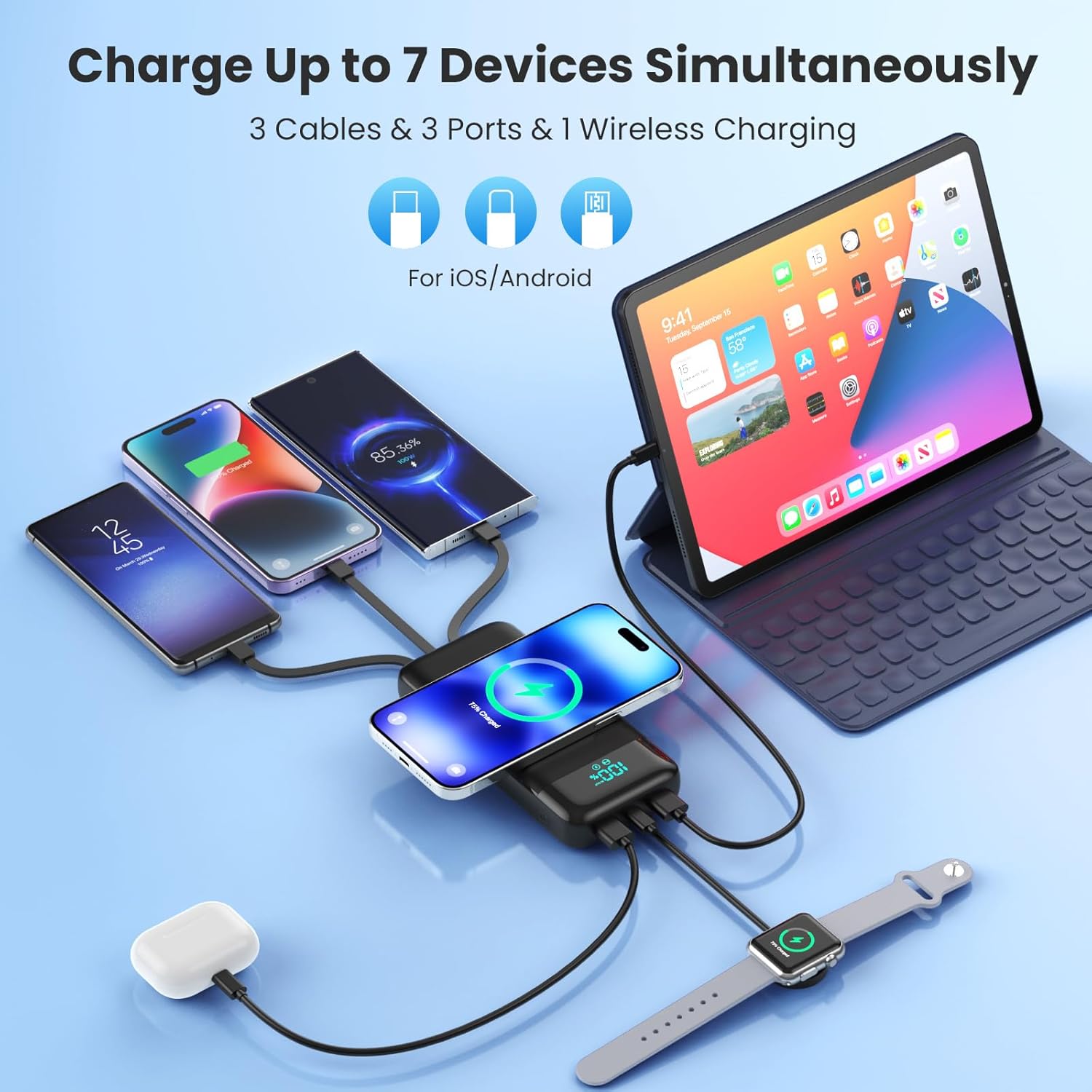 Kabellose Powerbank 26800 mAh mit 3 Kabeln, 7 in 1 25 W PD3.0 + QC4.0 Schnelllade-USB-C-Powerbank, 6 Ausgänge, externe Handy-Akkus mit LCD-Display, kompatibel mit iPhone 17/16/15/14, Huawei, Samsung – Bild 3