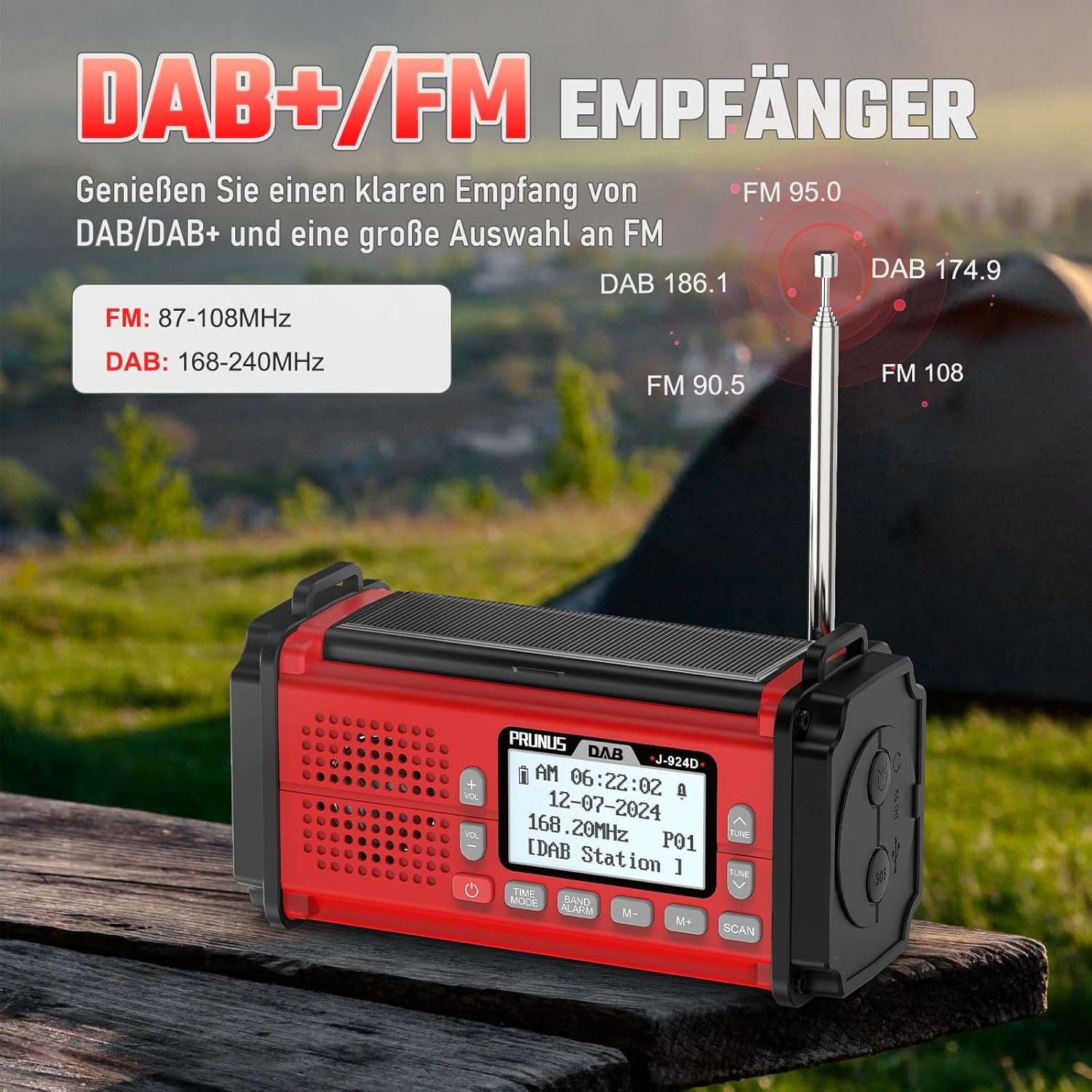 PRUNUS J-924D Digitalradio DAB+/FM, Kurbelradio Notfall mit 10000 mAh Akku, DAB-Radio mit Bluetooth, Notfallradio mit Taschenlampe/SOS-Alarm/Handy-Ladefunktion für Outdoor/Notfall (Rot) – Bild 3