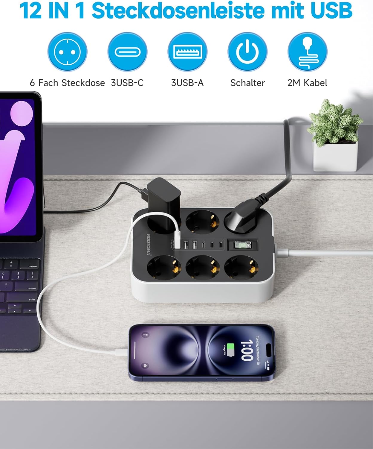 6-fach Steckdosenleiste mit USB (3 USB-A 3 USB-C) Mehrfachsteckdose Wandmontage, Steckdose mit Schalter und 2m Verlängerungskabel, Überspannungsschutzsteckdose, Schwarz – Bild 2