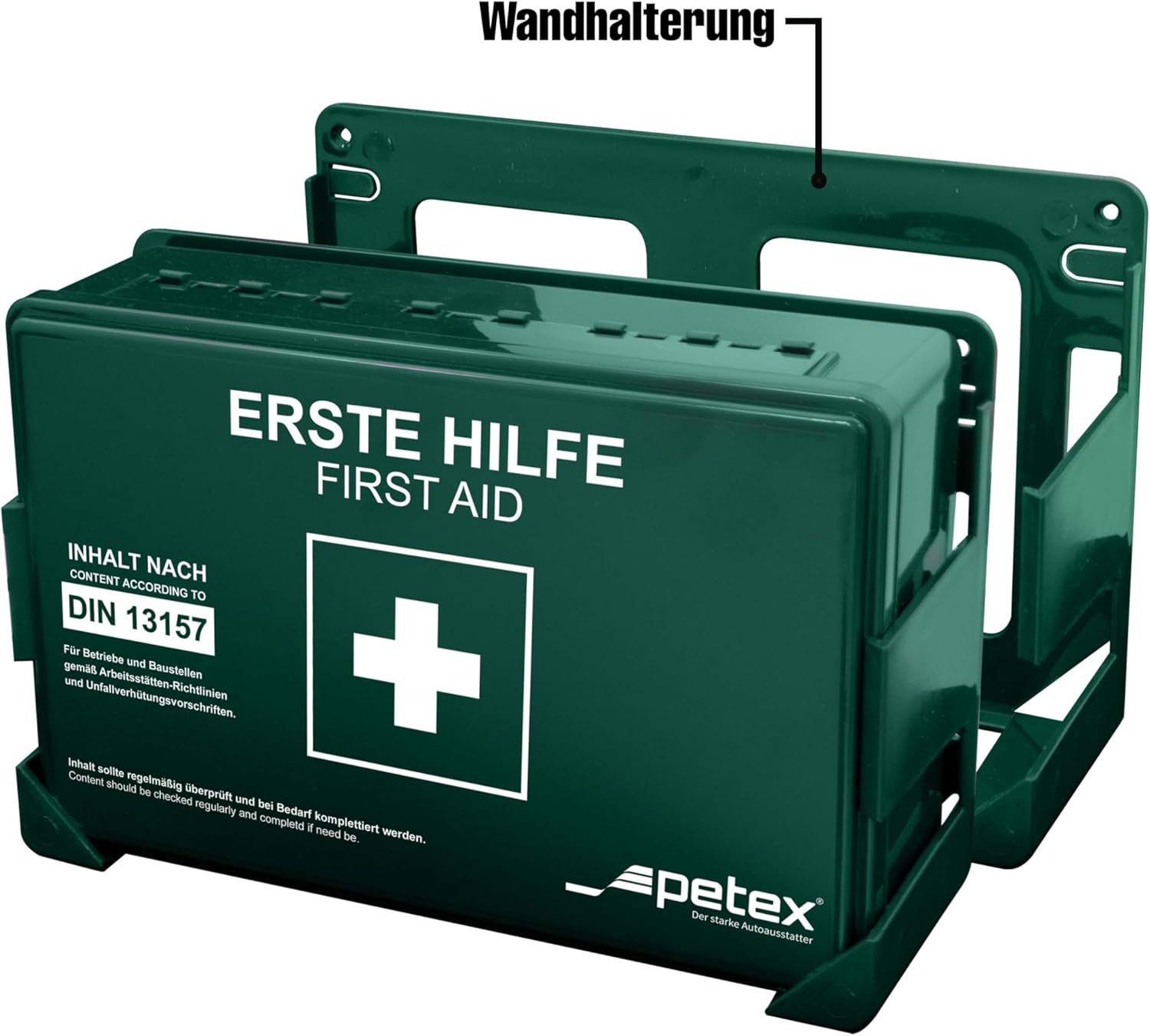 PETEX Company Erste-Hilfe-Set Standard mit Inhalt nach DIN 13157 inkl. praktischer Wandhalterung, 5 x Aufkleber, Erste-Hilfe-Koffer, Erste-Hilfe-Set in Grün für Gewerbe, Büro, Baustelle – Bild 3