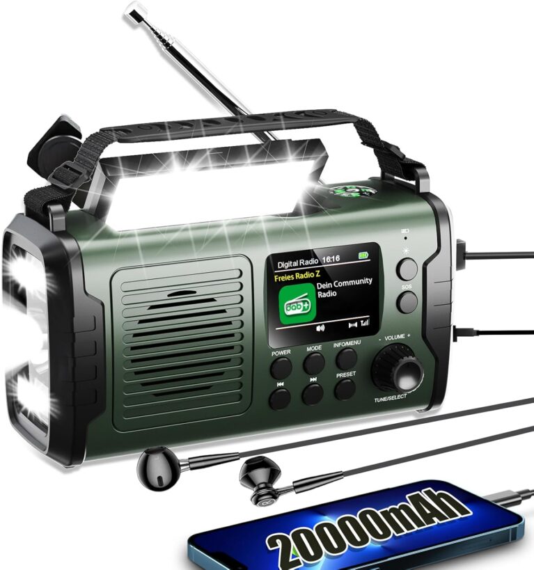 20000 mAh Kurbelradio mit Handy-Ladefunktion, Solar-DAB/DAB+/FM-Radio, 3 Lademethoden, 11 in 1 Bluetooth 5.3 tragbares Notfallradio mit Powerbank, SOS, Taschenlampe, Kompass, TF-Karte, Leselampe