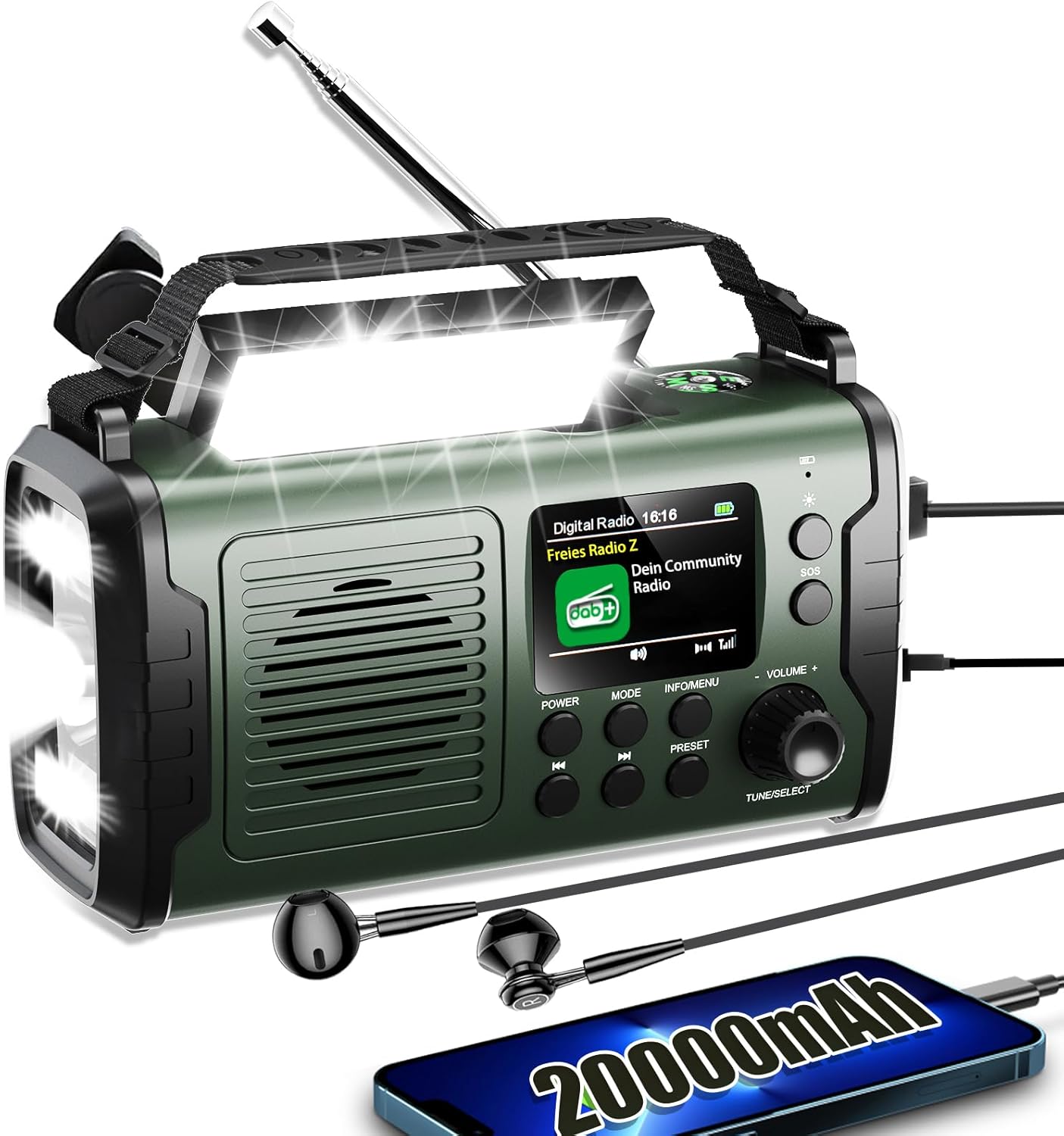 20000 mAh Kurbelradio mit Handy-Ladefunktion, Solar-DAB/DAB+/FM-Radio, 3 Lademethoden, 11 in 1 Bluetooth 5.3 tragbares Notfallradio mit Powerbank, SOS, Taschenlampe, Kompass, TF-Karte, Leselampe