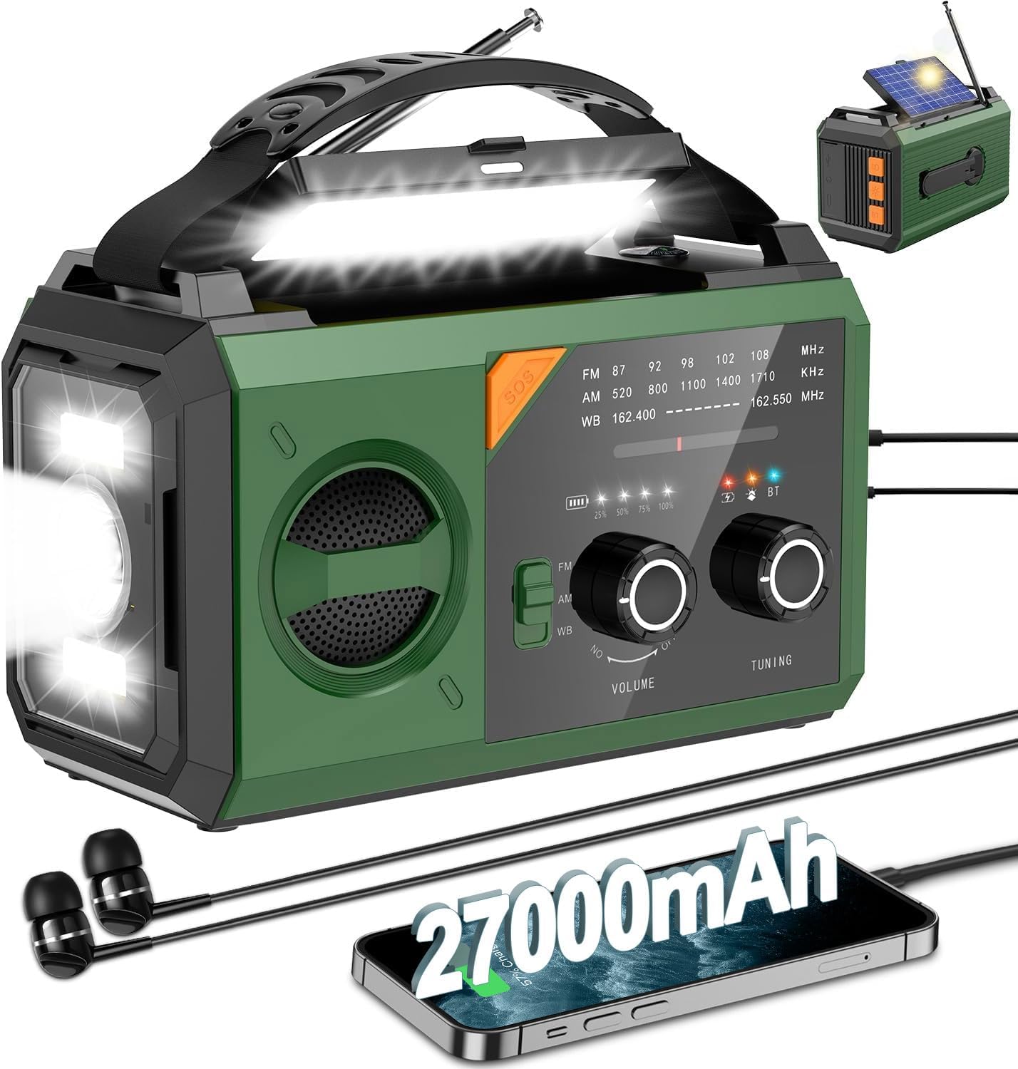 27000 mAh Notfallradio mit Kurbel, Solar-, Batterie- und USB-betrieben, tragbares AM/FM-Wetterradio mit Bluetooth/Kopfhöreranschluss/Leselampe/Taschenlampe/Kompass/SOS-Alarm für Camping im Freien