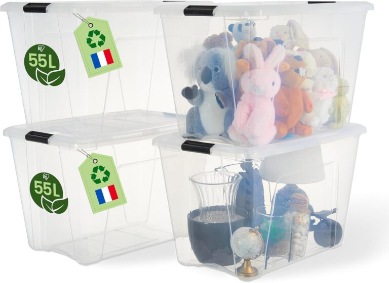 Iris Ohyama Aufbewahrungsboxen mit Deckel, 55 l, 4er-Set, transparent, sicherer Verschluss, stapelbar, Griffe, Schlafzimmer, Schrank, Büro, Organisation, BPA-freier Kunststoff, Organisationsboxen, BSB-55