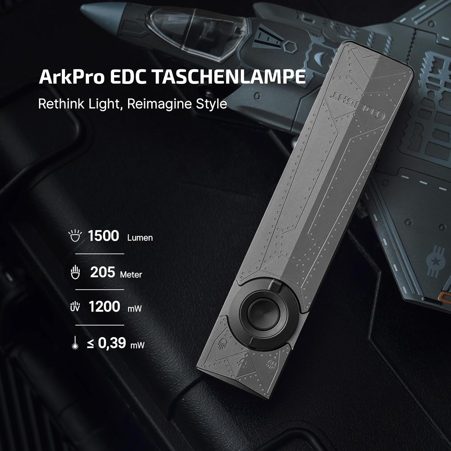 OLIGHT ArkPro Taschenlampe LED wiederaufladbar 1500 Lumen, UV-Taschenlampe mit weißem Licht, grünes Licht, Handlampe mit 7 Modi, USB-C Taschenlampe, extrem hell IPX7 für Camping und Wandern, Phantom Squadron – Bild 2