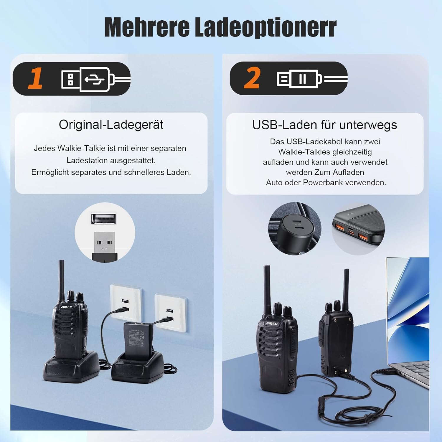 Walkie Talkie, 16 Kanäle, große Reichweite, integrierte LED-Taschenlampe, USB-Ladestation mit Typ-C-Kabel und Kopfhörer (2 Stück) – Bild 3