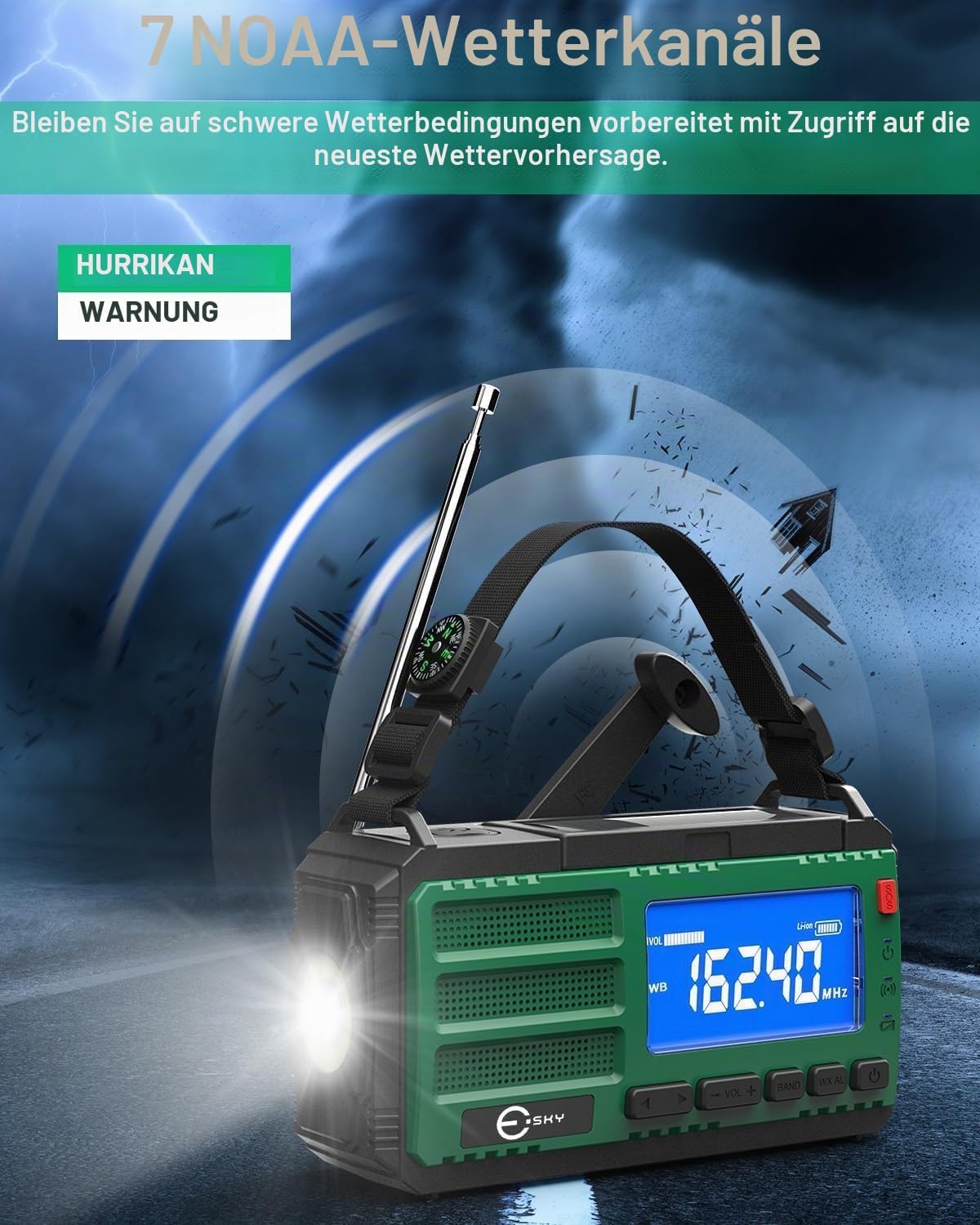 Esky Kurbelradio, 10000 mAh Solar-Notfallradio mit wiederaufladbarem AM/FM-Weltempfänger, USB-Ladegerät, LED-Taschenlampe und Leselicht, SOS-Alarm und Kompass, tragbar für Camping, Notfall, Verdunkelung, Geschenkidee – Bild 9