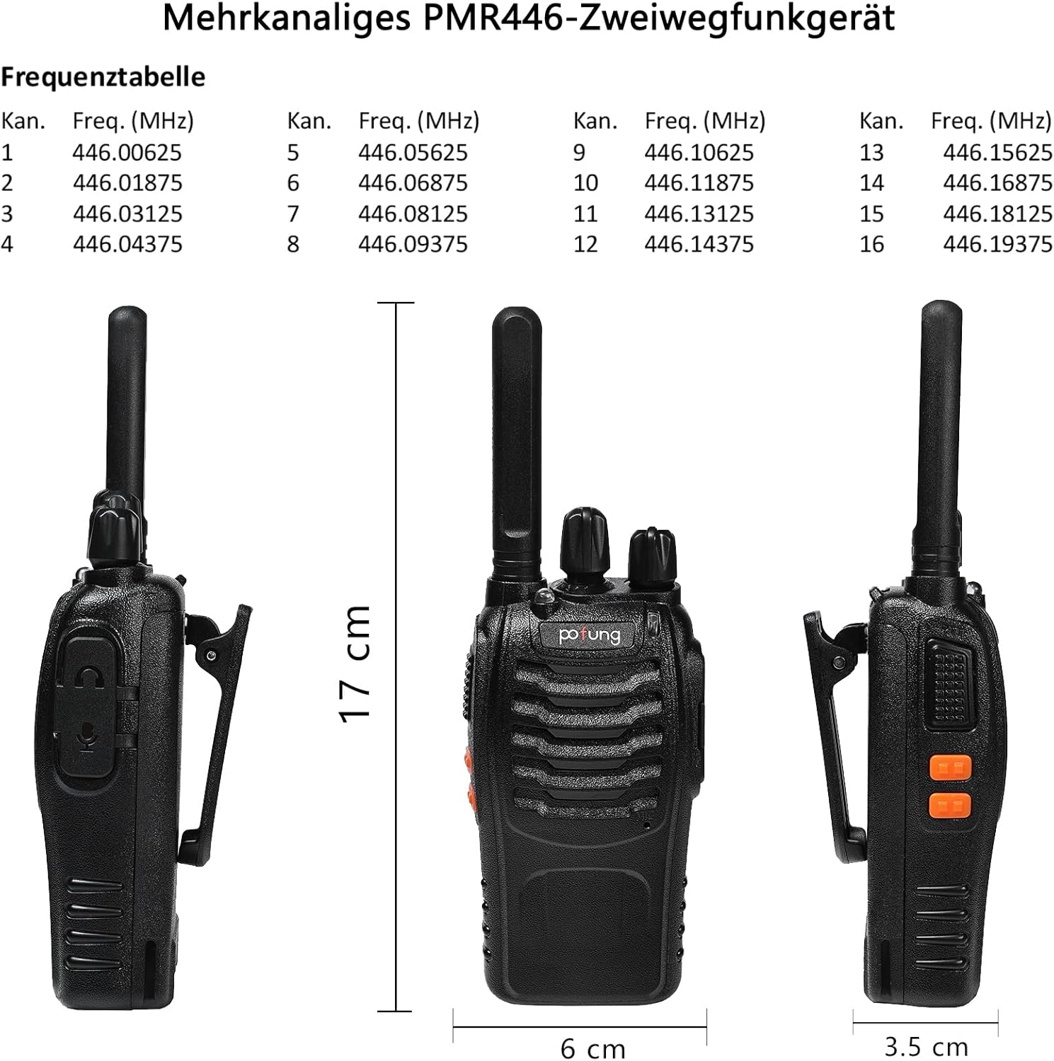 Walkie Talkie PMR446 lizenzfreies Zwei-Wege-Radio, pofung PT88E 16 Kanäle, professionelle wiederaufladbare USB-Ladestation mit großer Reichweite und Ohrhörer, Schwarz, 4 Stück – Bild 5