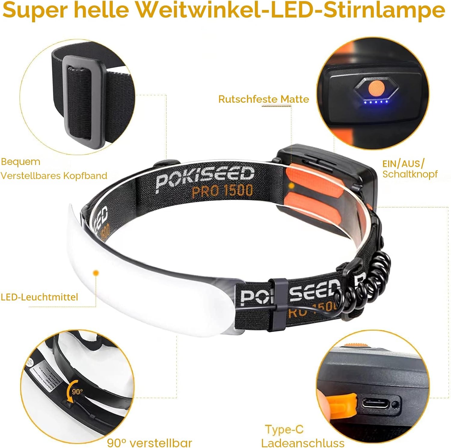 POKISEED Stirnlampe LED wiederaufladbar, 1500 Lumen mit 230° Weitwinkel für breite Ausleuchtung, Stirnlampe Joggen, USB C 5000mAh Akku, Kopflampe Stirnlampe aufladbar, für Stirnlampe Laufen, Camping – Bild 2