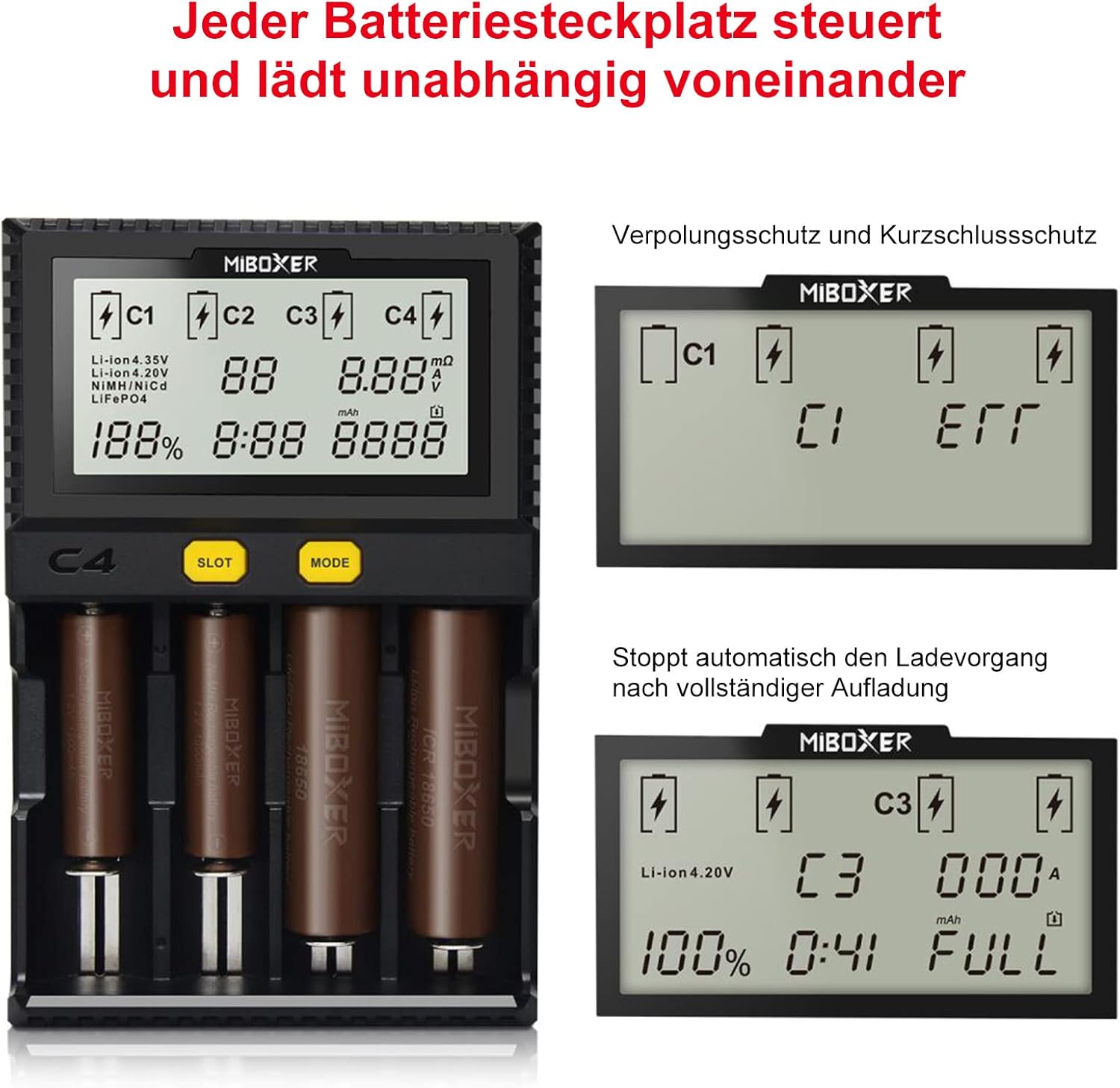 Universal-Akkuladegerät, 18650 Akkuladegerät mit 4 Steckplätzen, LCD-Display Akkus Ladegerät für Li-Ion LiFePO4 NI-MH NI-Cd AA AAA C 18350 18500 18700 20700 21700 26650 RCR123 – Bild 6