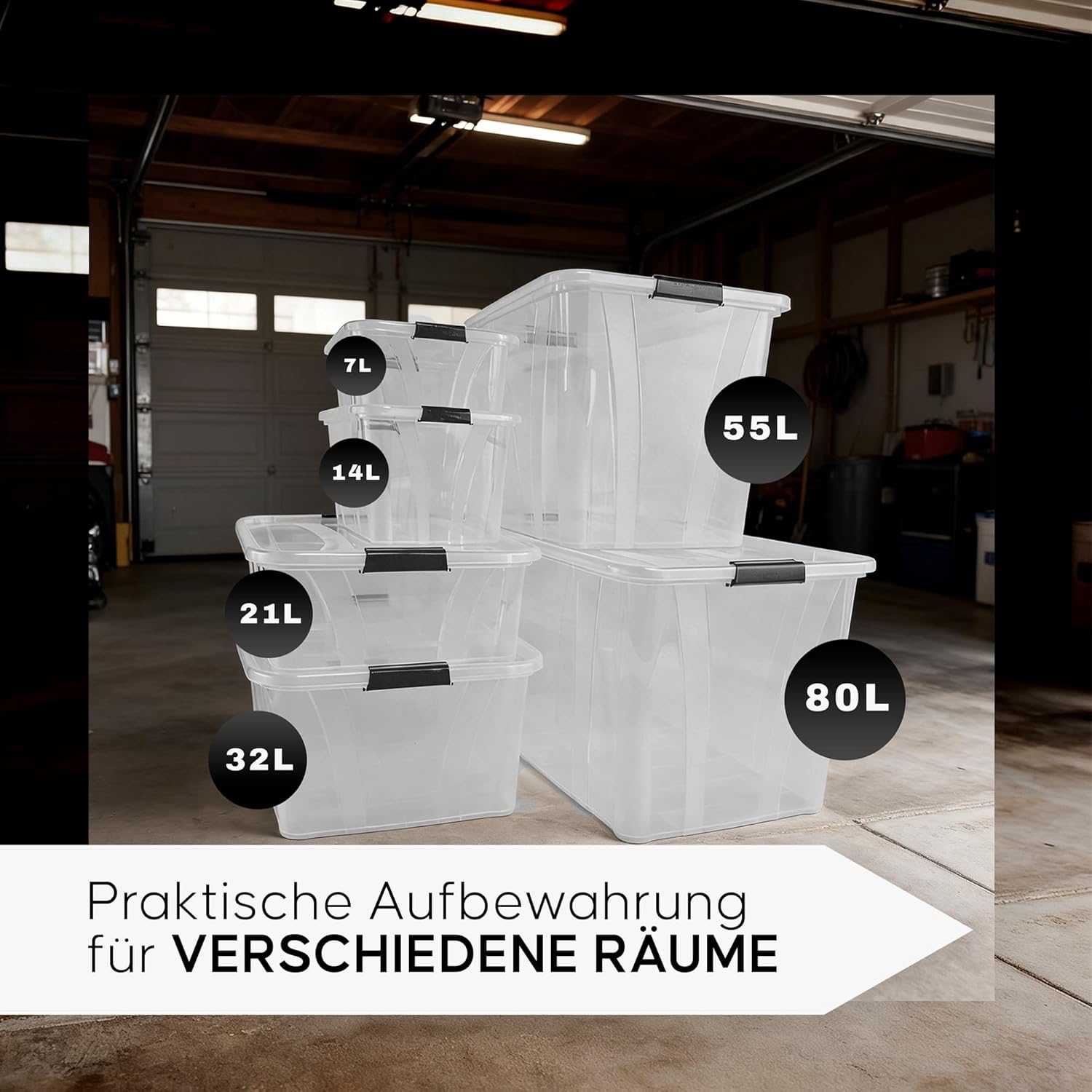 Aufbewahrungsboxen 4er-Set mit Deckel – Stapelbare Kunststoffboxen 7L, 14L, 21L, 32L, 55L, 80L transparent mit Klickverschluss & Griffen, BPA-frei, lebensmittelecht, Ordnungsboxen (55 L) – Bild 7