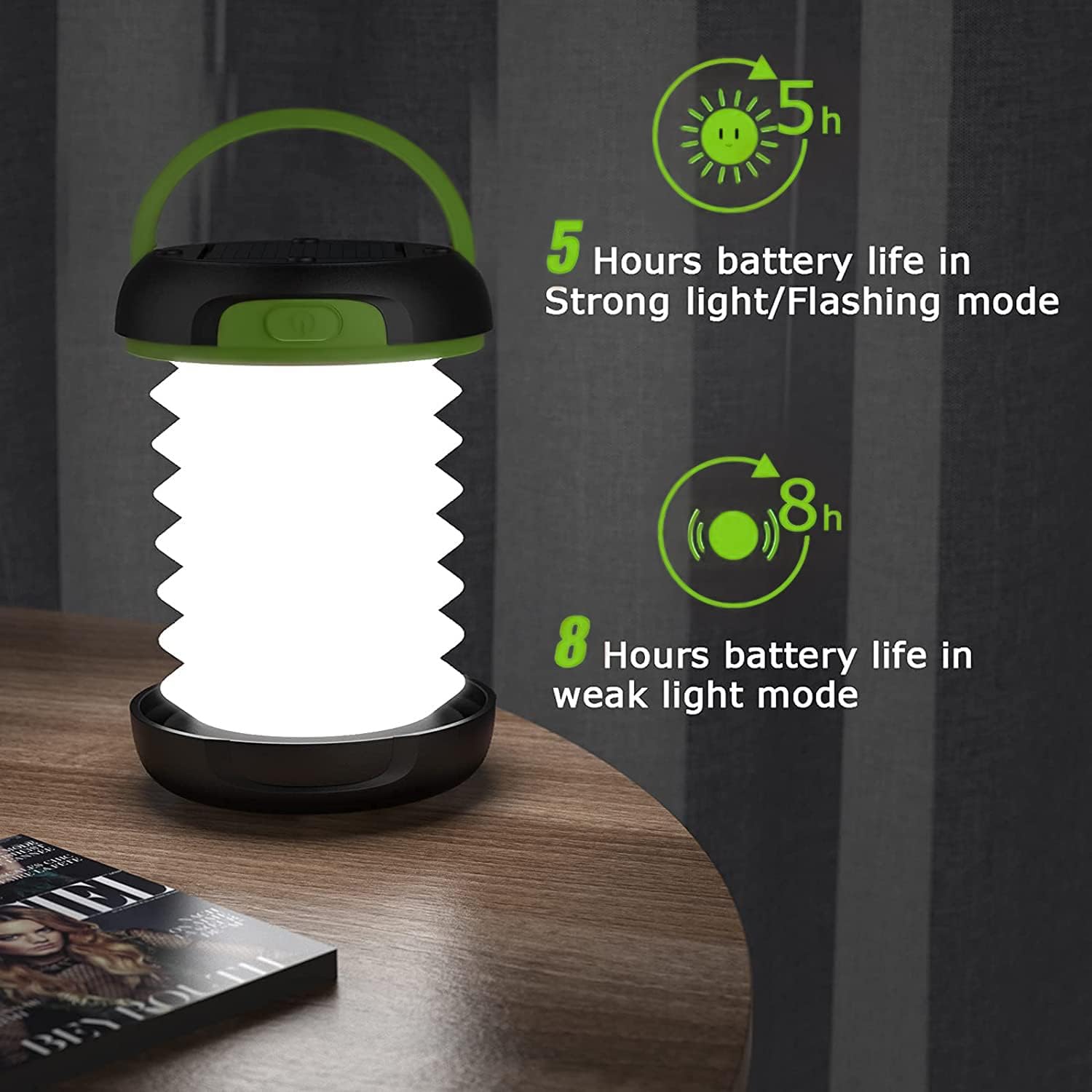 GlobaLink LED-Campinglampe, faltbare Solar-Campinglaterne, Energiebank mit 2 Lademethoden (Solar/USB) und 3 Lichtmodi für Camping, Angeln, Notfall, inklusive Survival-Armband mit Pfeife (grün) – Bild 4