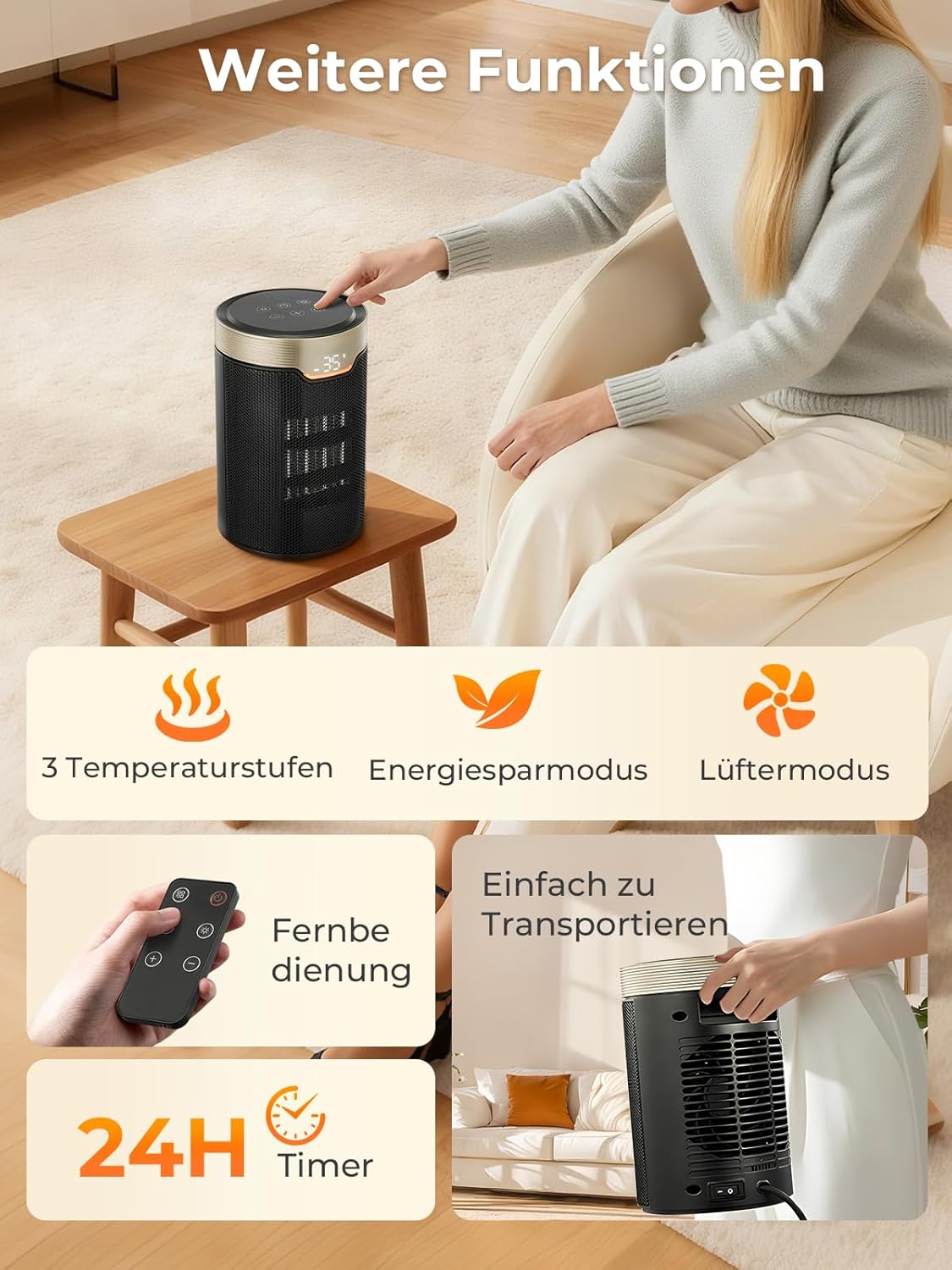 Heizlüfter Energiesparend, 24-Stunden-Timer 32 dB Leise 1500 W PTC-Keramik-Elektro-Heizlüfter mit Thermostat, Überhitzungs- & Kippschutz, Elektroheizung für Räume, Schlafzimmer, Eco-Modus, Glod – Bild 6