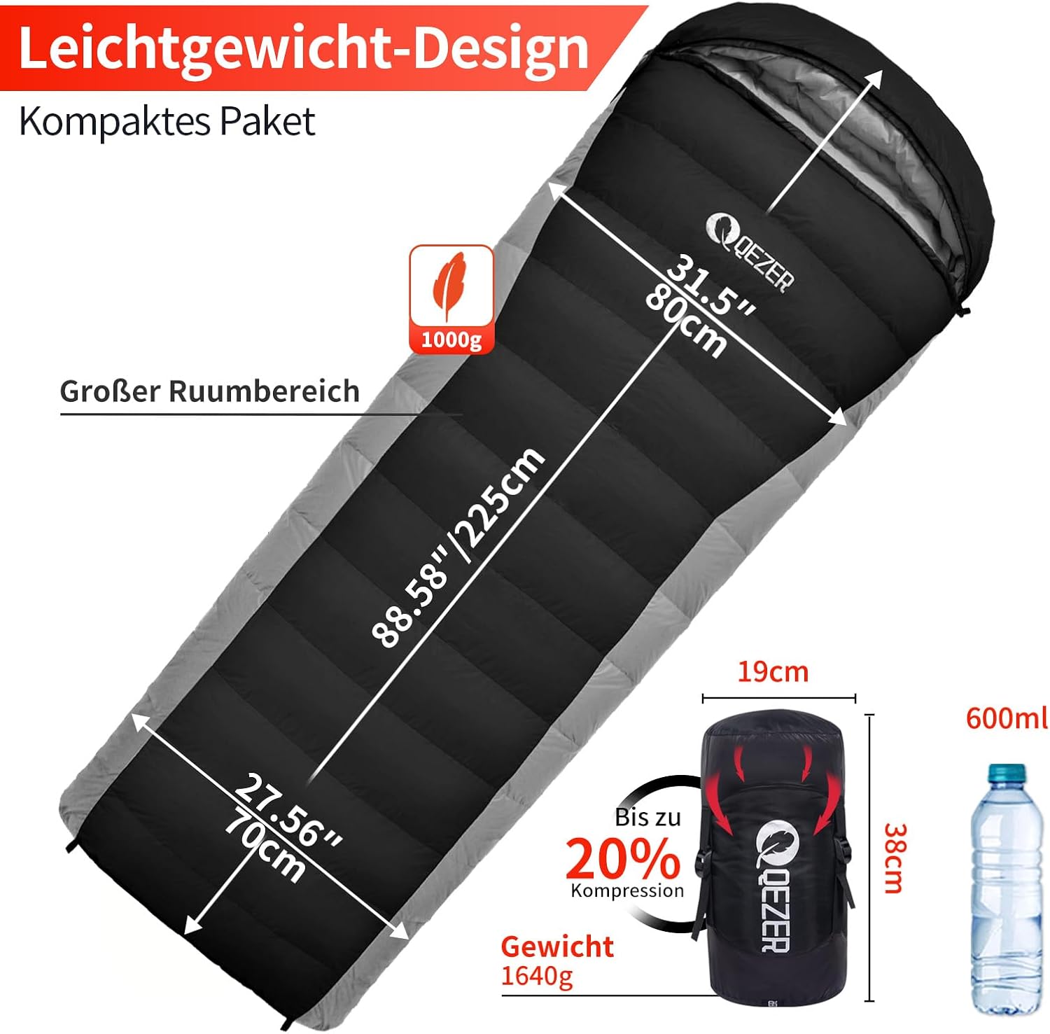 Daunenschlafsack,schlafsack kleines packmaß , 600FP+ Premium-Daunen, 12°C bis -24°C, leicht und warm für 3-4 Jahreszeiten, Camping, Wandern und Outdoor-Trekking – Bild 2