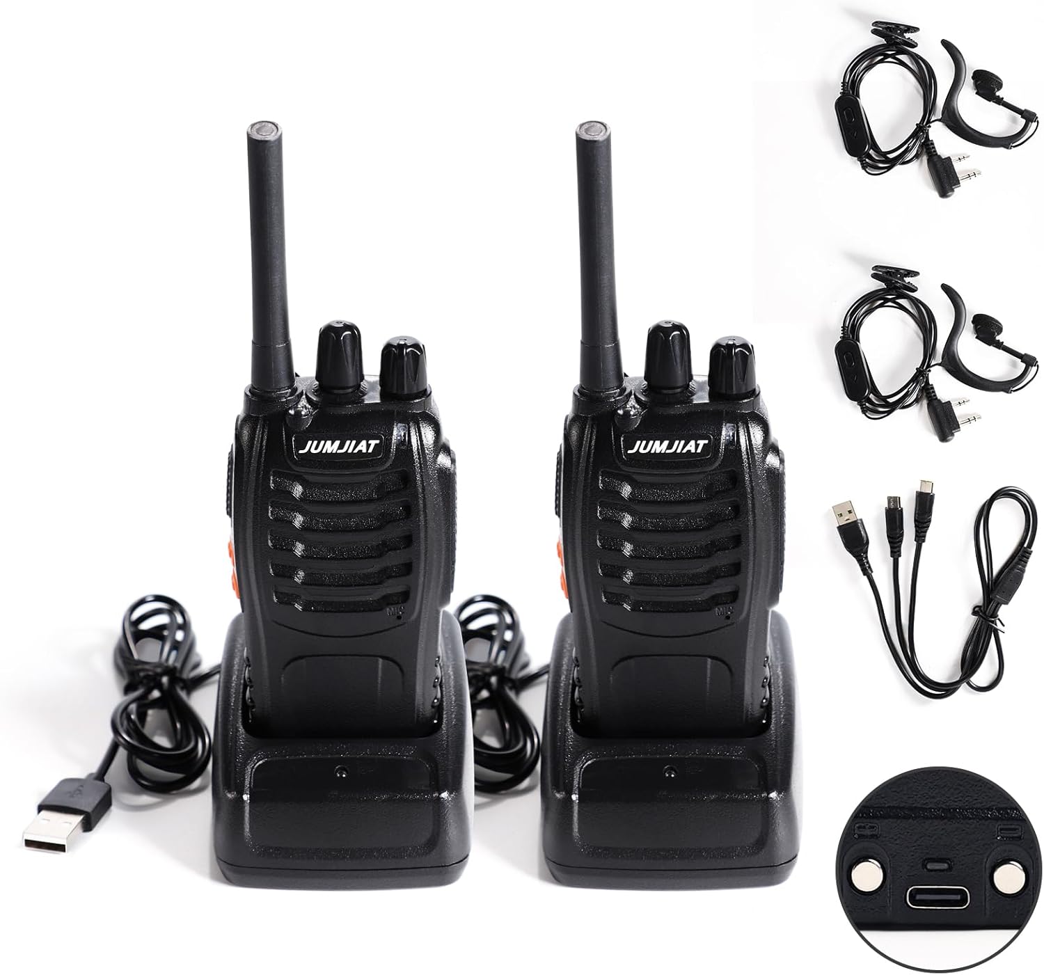 Walkie Talkie, 16 Kanäle, große Reichweite, integrierte LED-Taschenlampe, USB-Ladestation mit Typ-C-Kabel und Kopfhörer (2 Stück)