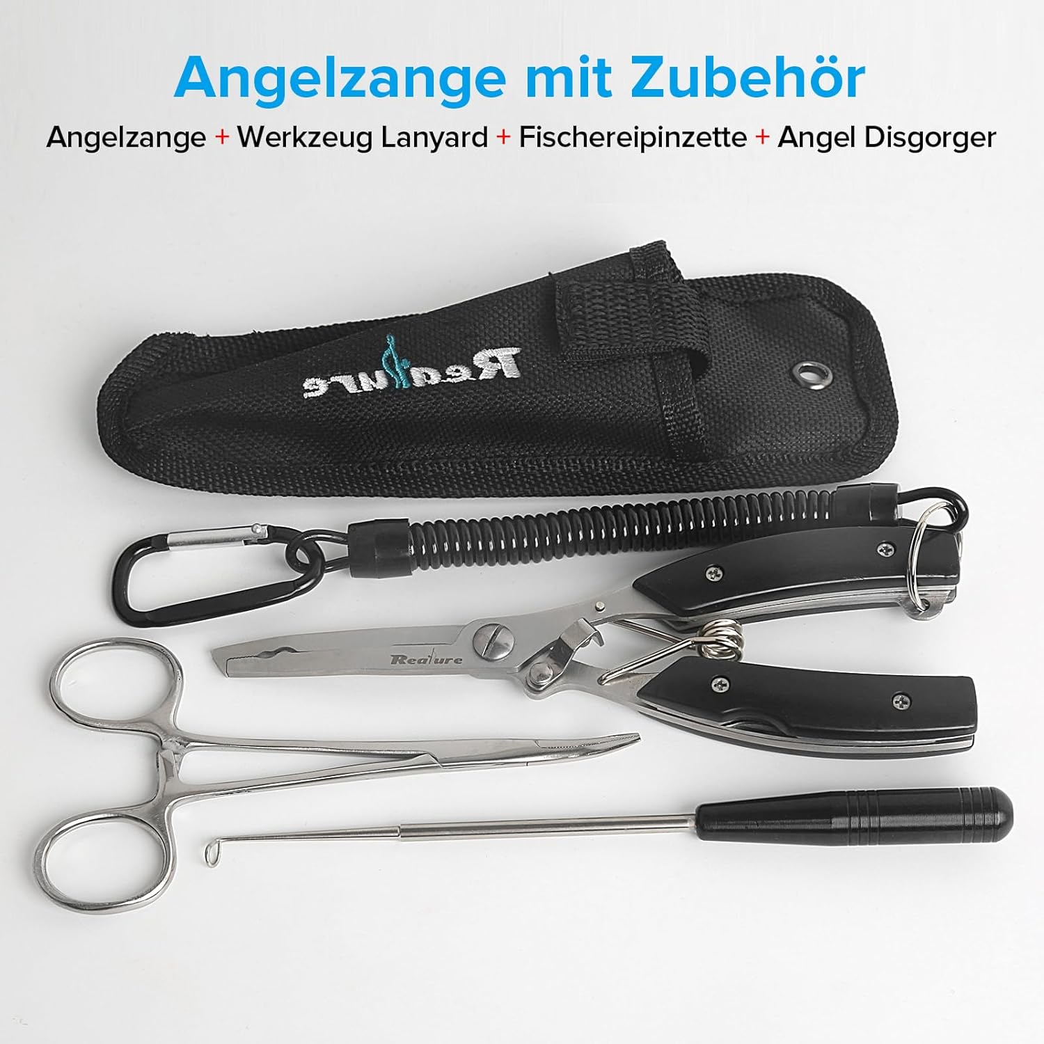 Realure 3-teiliges multifunktionales Angelzangen-Set mit Umhängeband, inklusive Ateria-Zange, Hakenlöser, Angeln, Schnurschneider, Angelzange für Hakenlöser, Sprengring, tragbar, Edelstahl – Bild 2