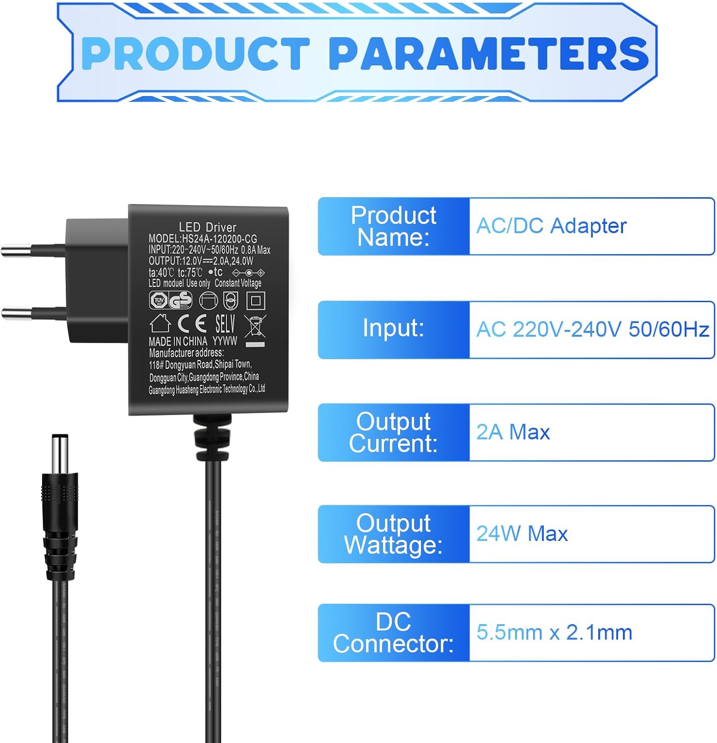 12-V-Netzteil 2 A, AC-Adapter-Netzteileingang 200–240 V, 24 W 12-V-Netzteil für LED-Streifen, Transformator, IP-Kamera, externe Festplatte – Bild 3