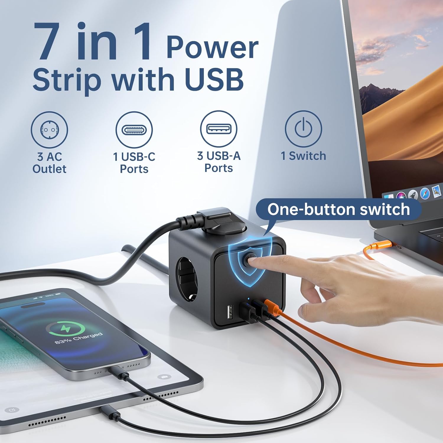 Steckdosenwürfel mit USB, 7-in-1 Steckdosenleiste mit schaltbar, 3-fach Mehrfachsteckdose mit 4 USB, Mehrfachstecker mit Energiesparschalter, 2 m Verlängerungskabel für Büro, Zuhause – Bild 2