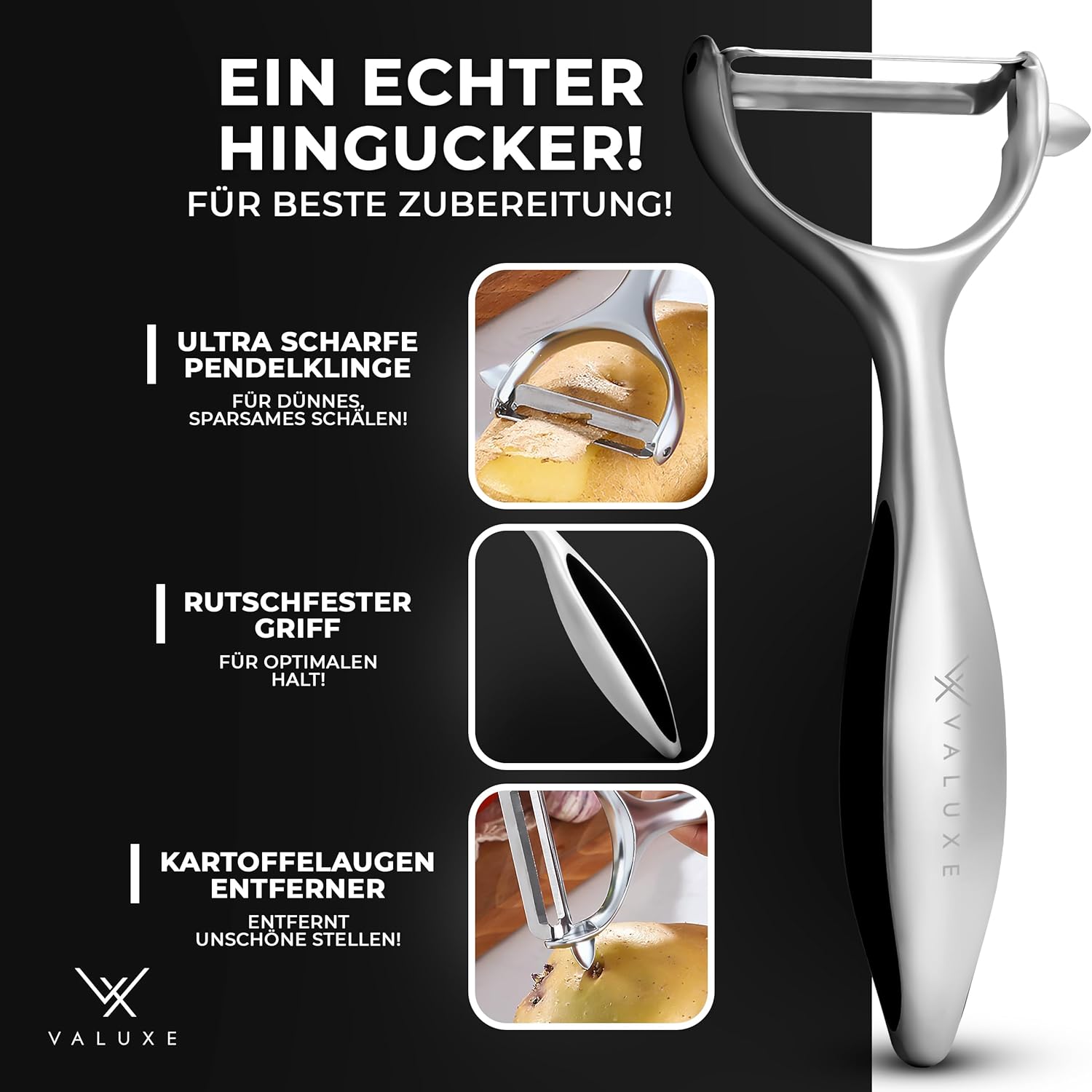 VALUXE Schäler mit scharfer Edelstahlklinge und rutschfestem Griff – professioneller Y-Schäler für präzises Schälen – Kartoffelschäler, Gemüseschäler, Spargelschäler, Universalschäler – Bild 3
