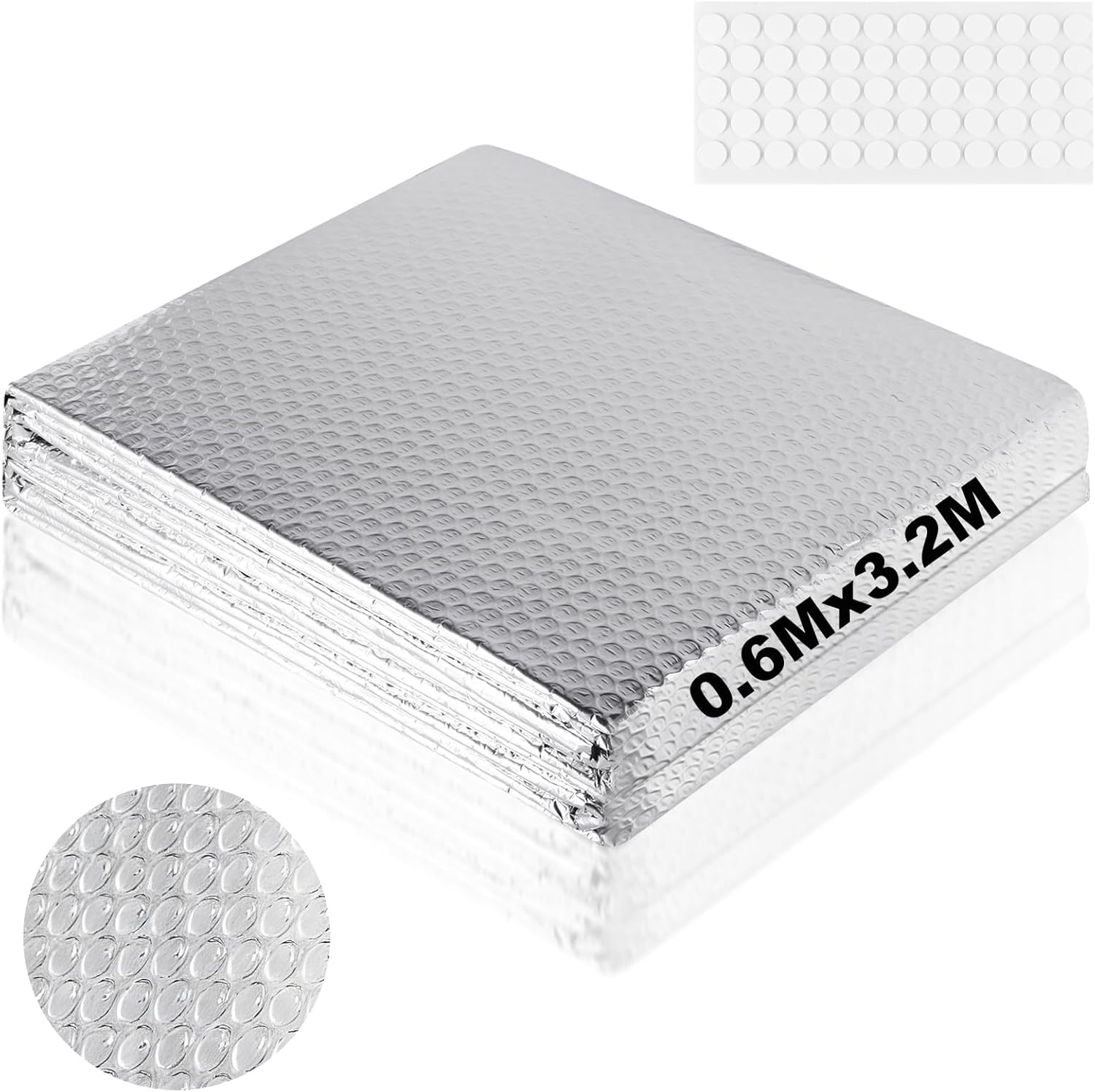 3,2 mx 60 cm Heizkörper-Reflexfolie Heizung, 3 mm dicke Isolierfolie, doppelseitige Aluminium-Luftpolsterfolie, Thermofolie mit Klebepads für Fahrzeuge, Dächer, Fenster, Rohre usw