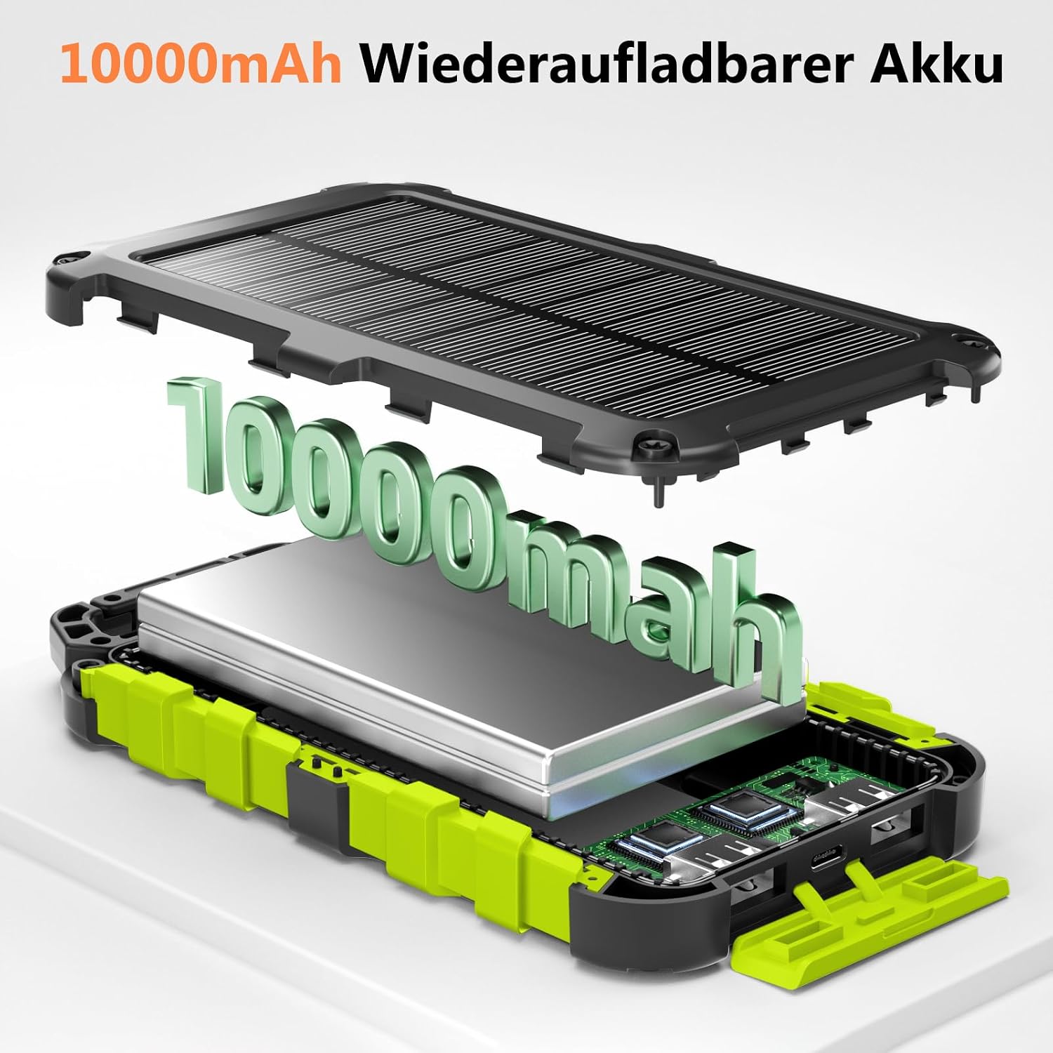 Solar Powerbank 10000 mAh, PD15W Tragbares Solar-Ladegerät USB C Externer Akku Outdoor Wasserdichts mit LED-Licht und 3 Ausgängen für Smartphones Tablets Camping, Grün – Bild 8