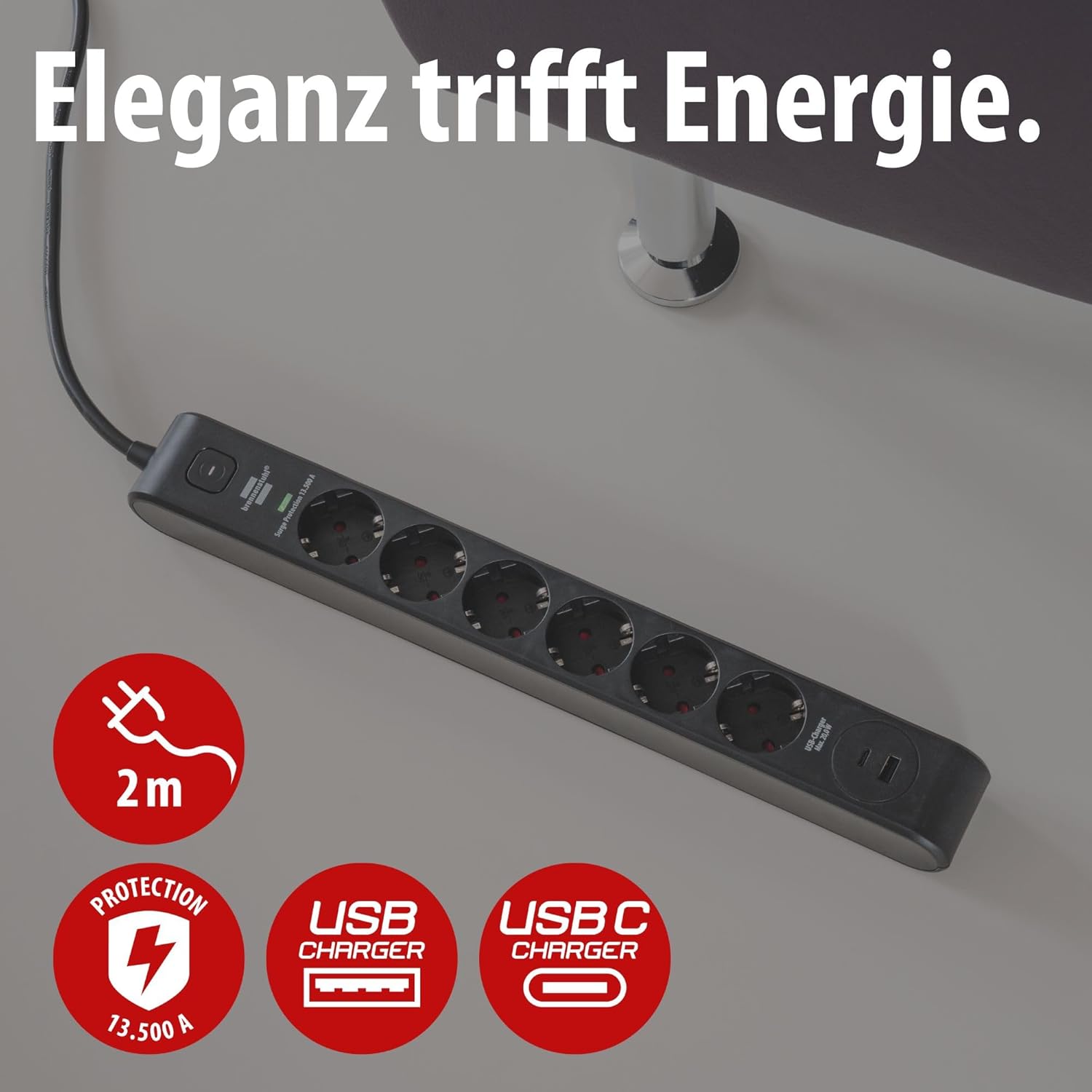 Brennenstuhl 6-fach Steckdosenleiste mit USB und Überspannungsschutz | Mehrfachsteckdose mit 1 x USB C PD 20 W zum Schnellladen und 1 x USB A 20 W, Schalter, 2 m Kabel, schwarz