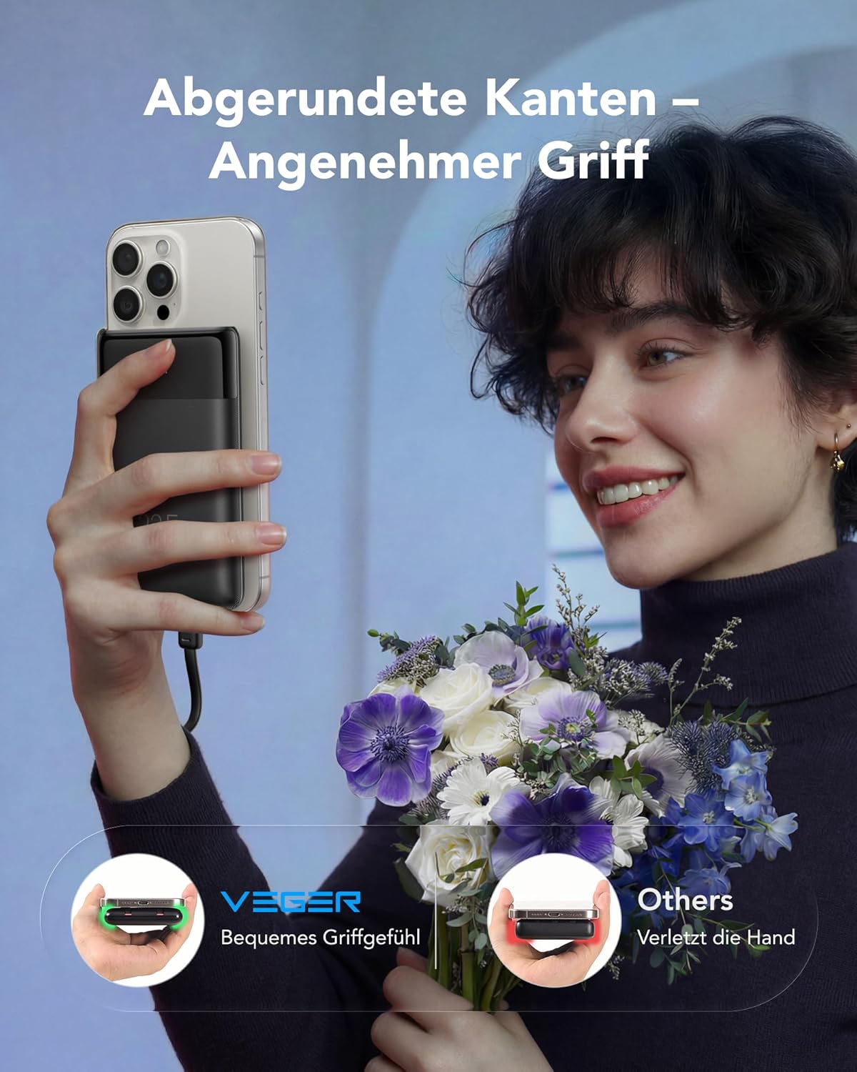 VEGER Powerbank 10000 mAh klein, 22,5 W Schnelllade-Powerbank mit integriertem USB-C-Kabel, externe Handy-Akkus, 4 Ausgänge, 3 Eingänge, kompatibel mit iPhone 17 16 13 Samsung, Travel Essential, Schwarz – Bild 9