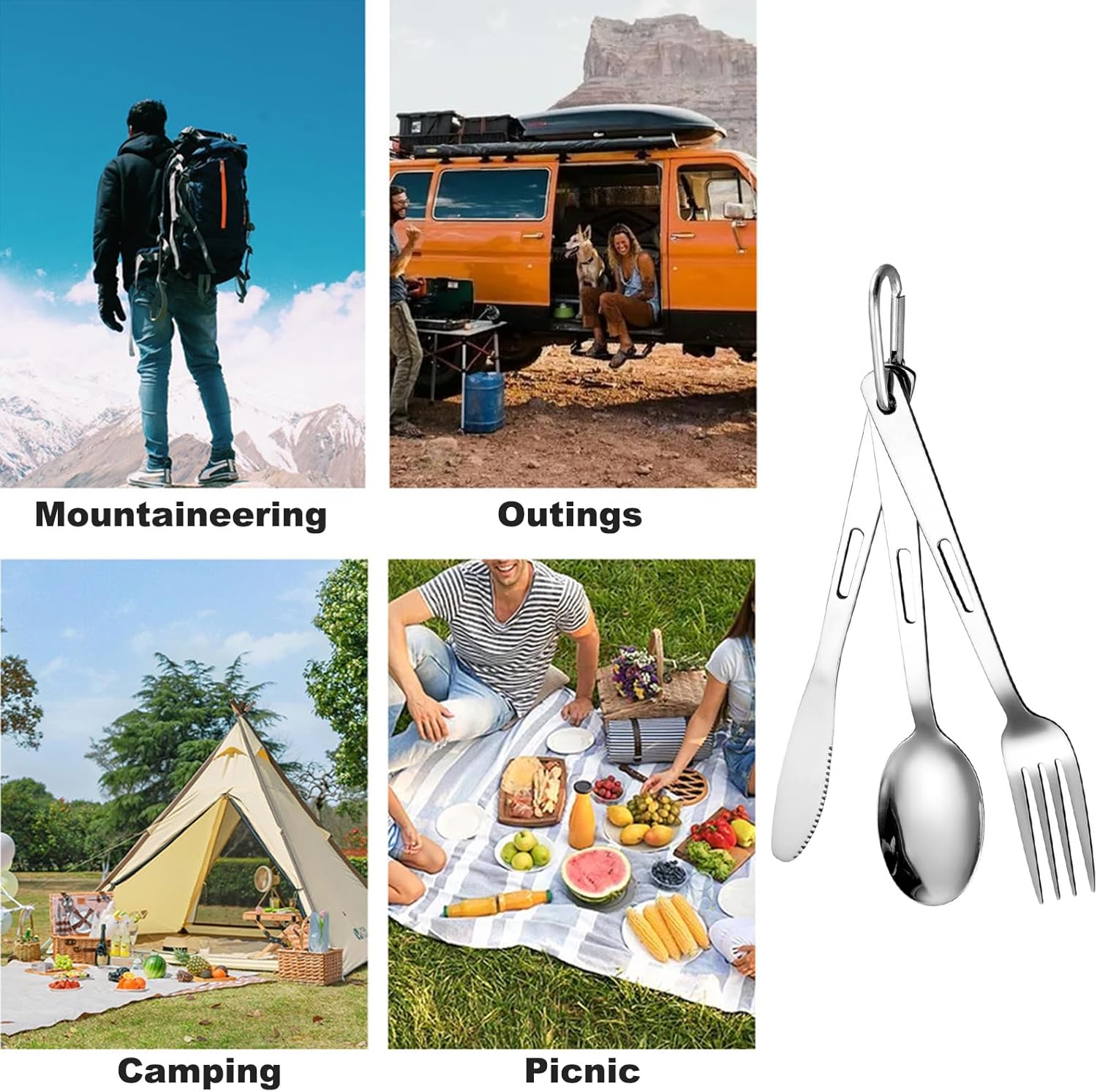 3er-Set Reisebesteck, Campingbesteck, Campingbesteckset aus Edelstahl, tragbares Outdoorbesteck mit Karabiner, Löffel, Gabel, Messerkombination und Tasche, wiederverwendbares Reisebesteckset – Bild 6