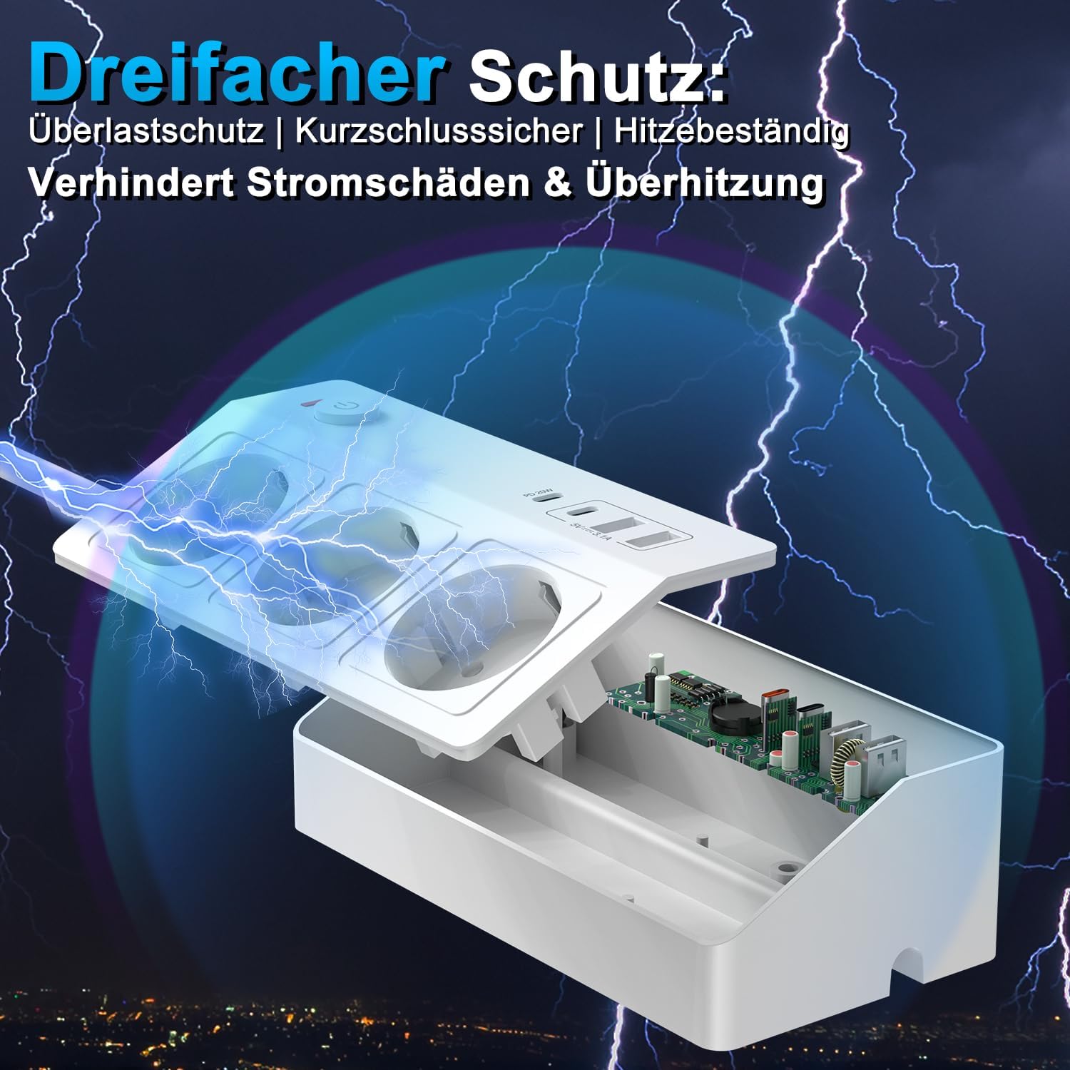 3-fach Steckdosenleiste mit USB-C PD 20 W und Tischklemme | 3 Steckdosen, 2 USB-A und USB-C PD 20W, Tischklemme bis 4,5 cm, 1,8 m Kabel, 16 A/4000 W, Überspannungsschutz – Bild 4