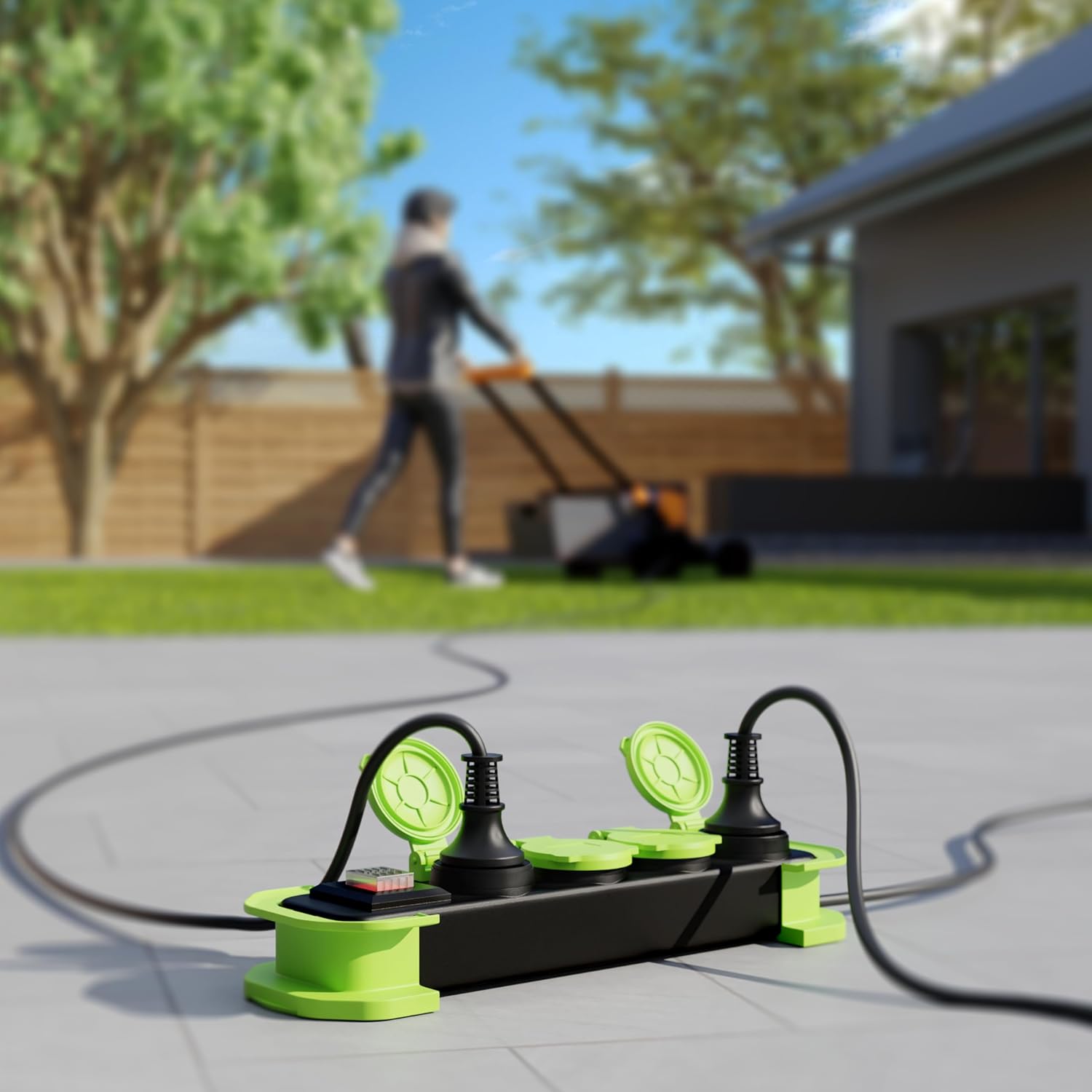 MutecPower Steckdosenleiste 4-Fach Mehrfachsteckdose Outdoor mit Schalter IP44 Outdoor Schutzkontaktsteckdosen mit Klappdeckel und 1,4m Rollkabel 16A/250V H05RR-F 3G 1,5 Schwarz/Grün – Bild 4