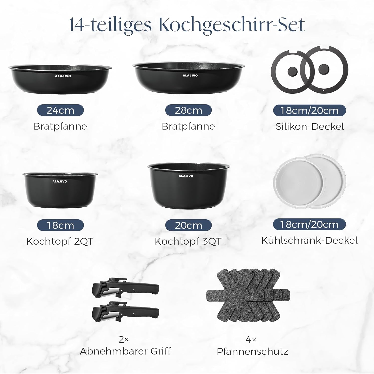 Keramik-Topfset mit abnehmbarem Griff, 14-teiliges Pfannenset mit Antihaftbeschichtung, Topf-Induktions-Kochtopf-Set mit Deckel, 24/28 cm Bratpfanne, für alle Herdarten, ofenfest, ofenfest – Bild 2
