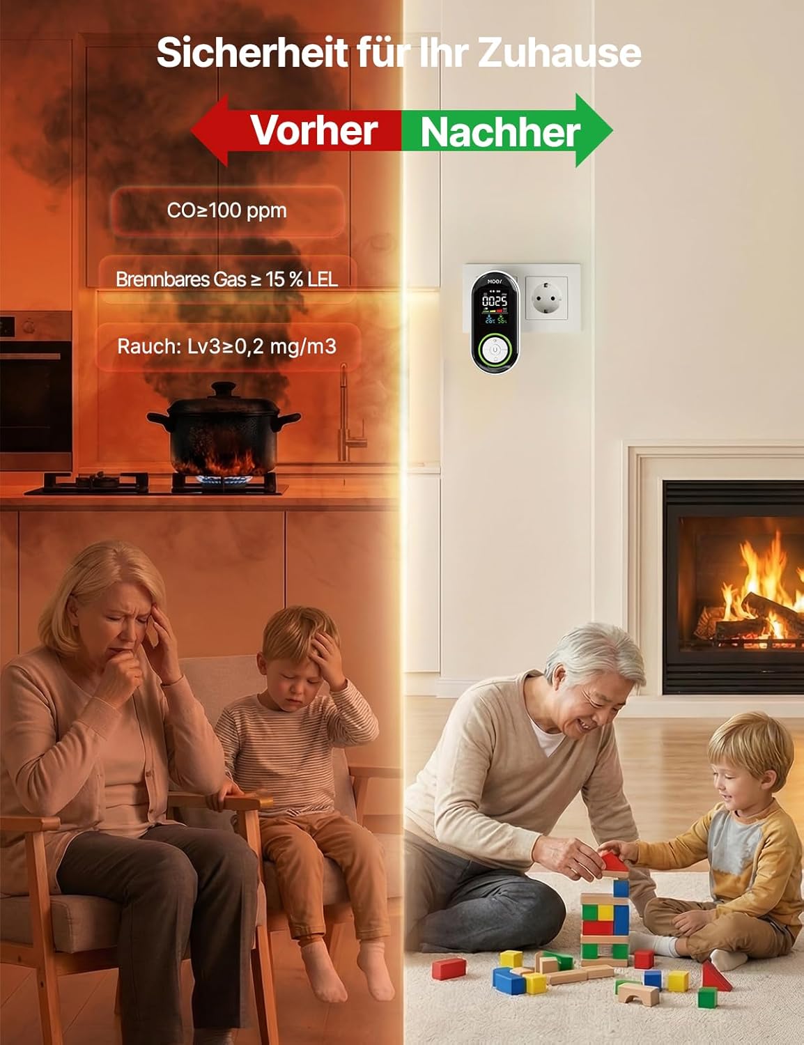 MOES 5-in-1 Gas-, Rauch- und Kohlenmonoxidmelder für die Steckdose mit 10-Jahres-Sensor & 1000 mAh Batterie, CO, Gasmelder, Rauchmelder mit Temperatur/Luftfeuchtigkeit, Alarm für Haus und Wohnmobil – Bild 2