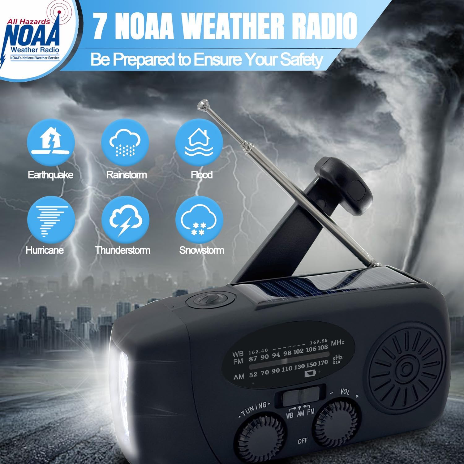 2000 mAh Notfall-Solar-Handkurbelradio, 3-Wege-betriebenes tragbares Wetterradio AM/FM/NOAA mit USB-Ladegerät, Handy-Ladegerät, SOS-Alarm und LED-Taschenlampe für Camping, Wandern (schwarz) – Bild 4